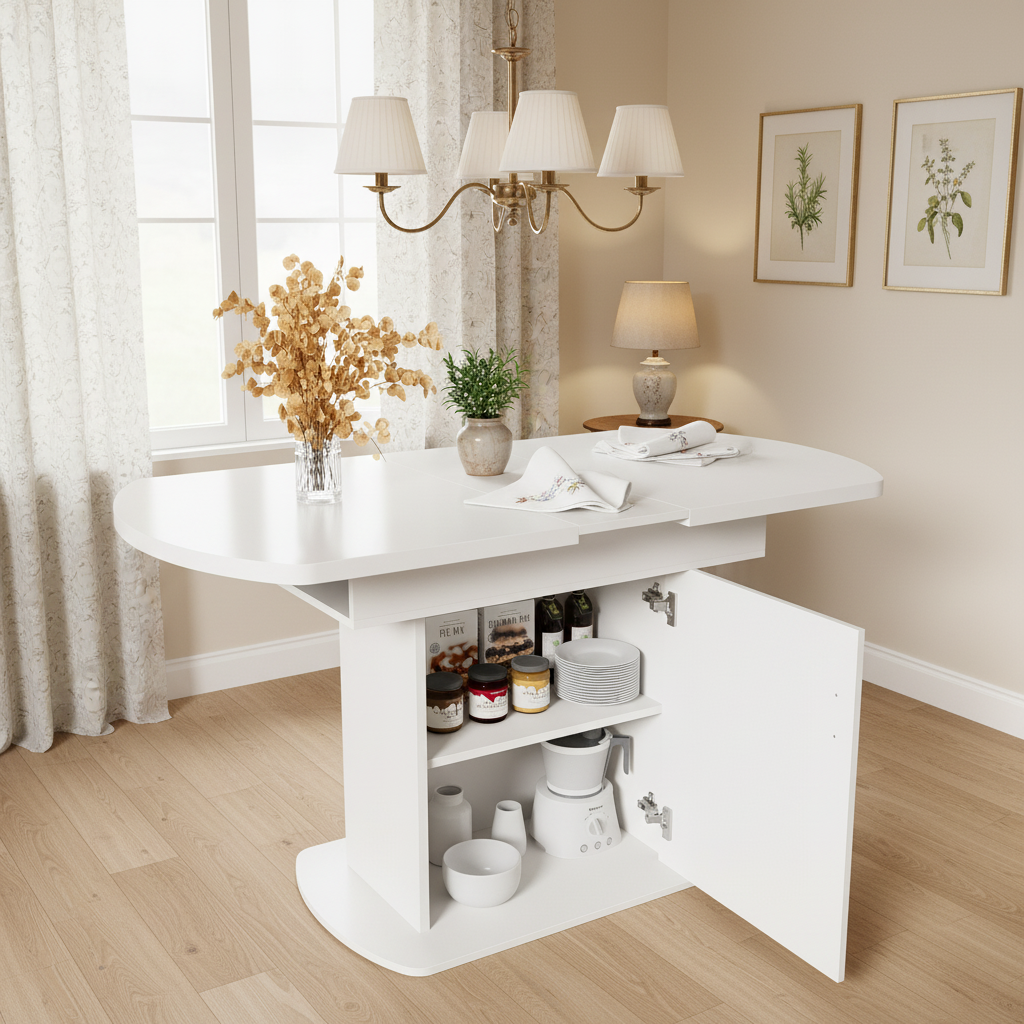 Extendable Oval Dining Table, 110/130cm x 70cm, Storage Function, White/Silver MDF