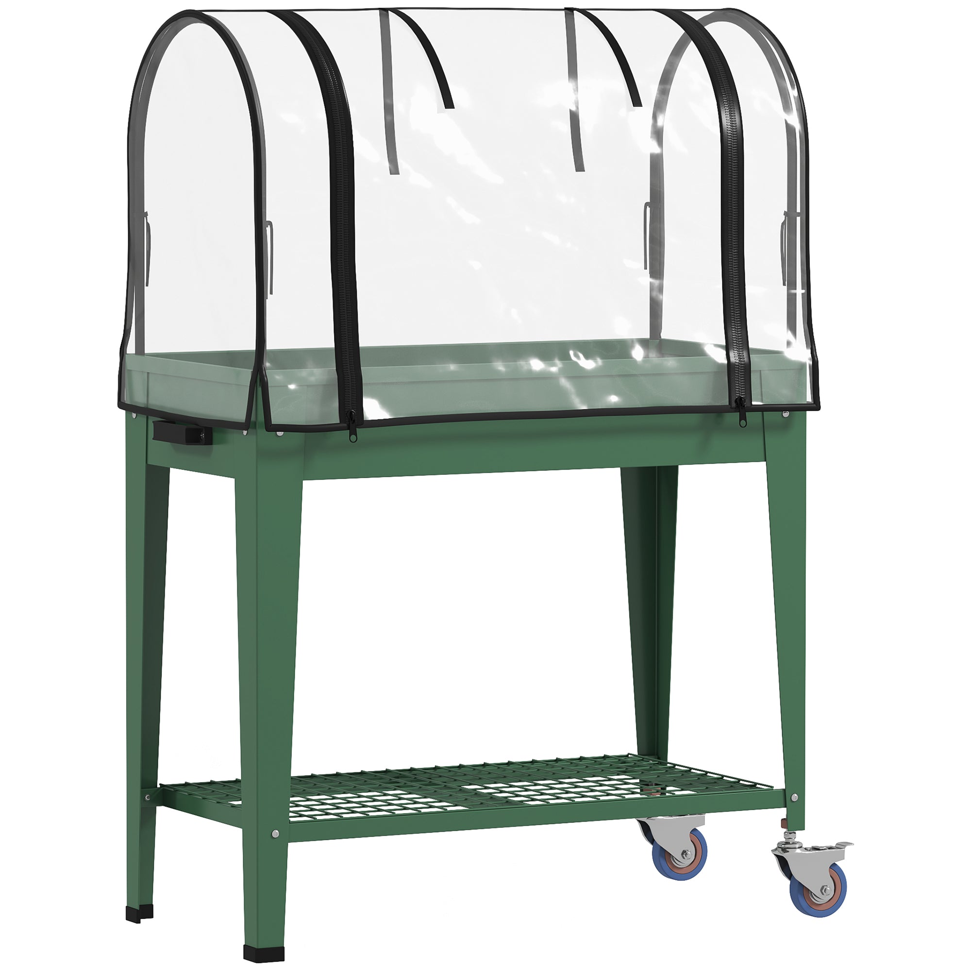 Raised Planter Elevated Garden Bed Greenhouse Cover Wheels Shelf, Green