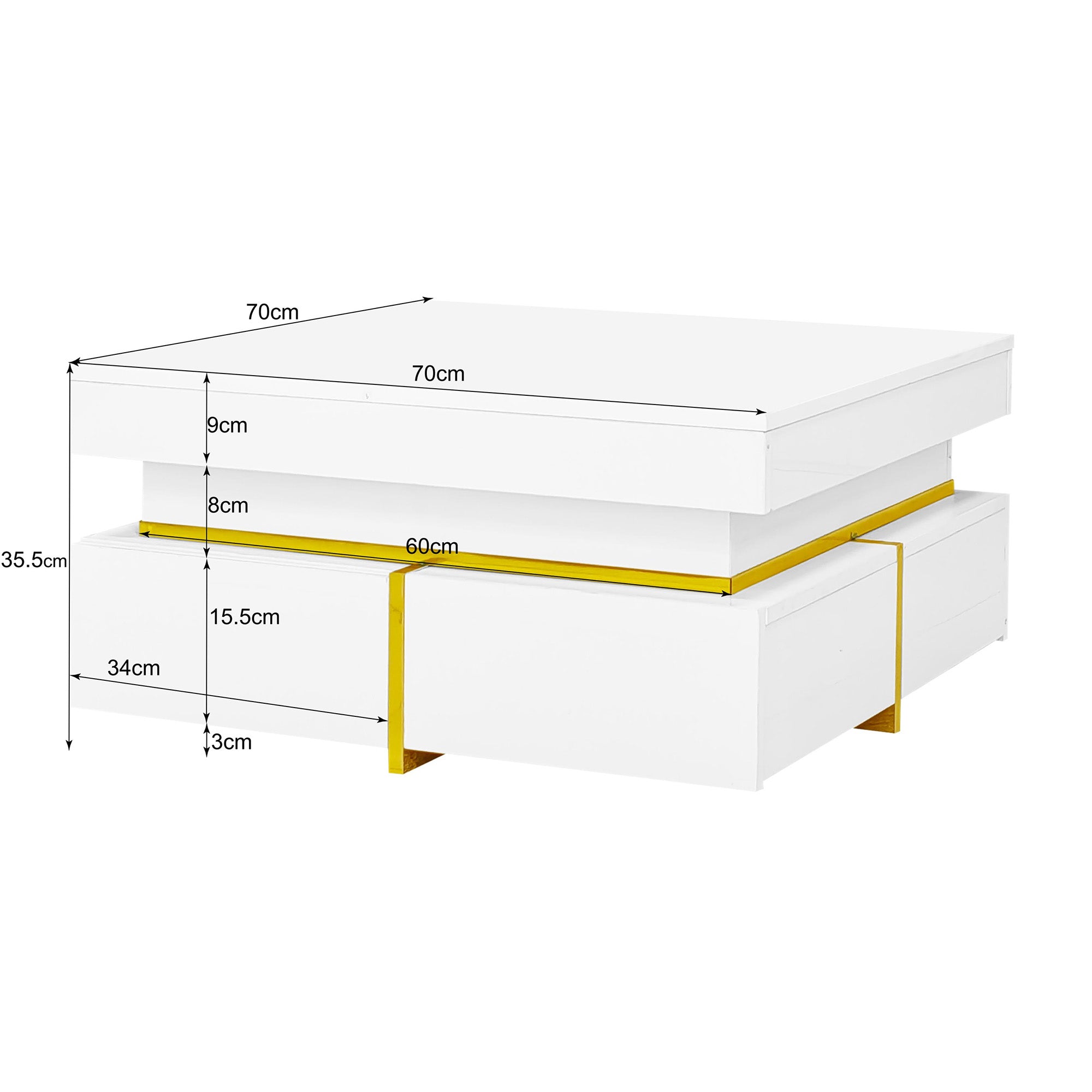 Coffee Table High-Gloss Drawers Gold Accents