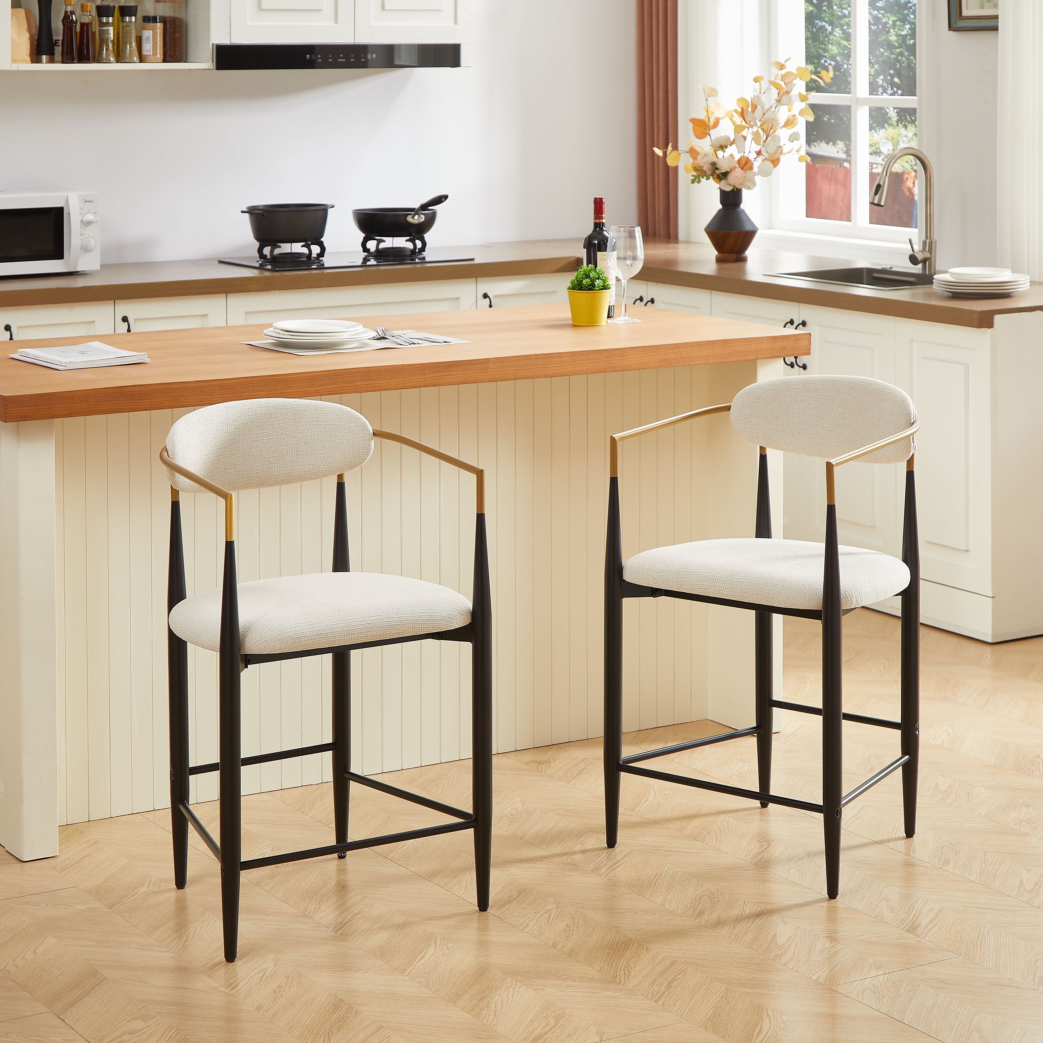 Set of two Bar Stools with Armrests, Modern Vintage French Country Kitchen Stools, Cream-Colored Fabric