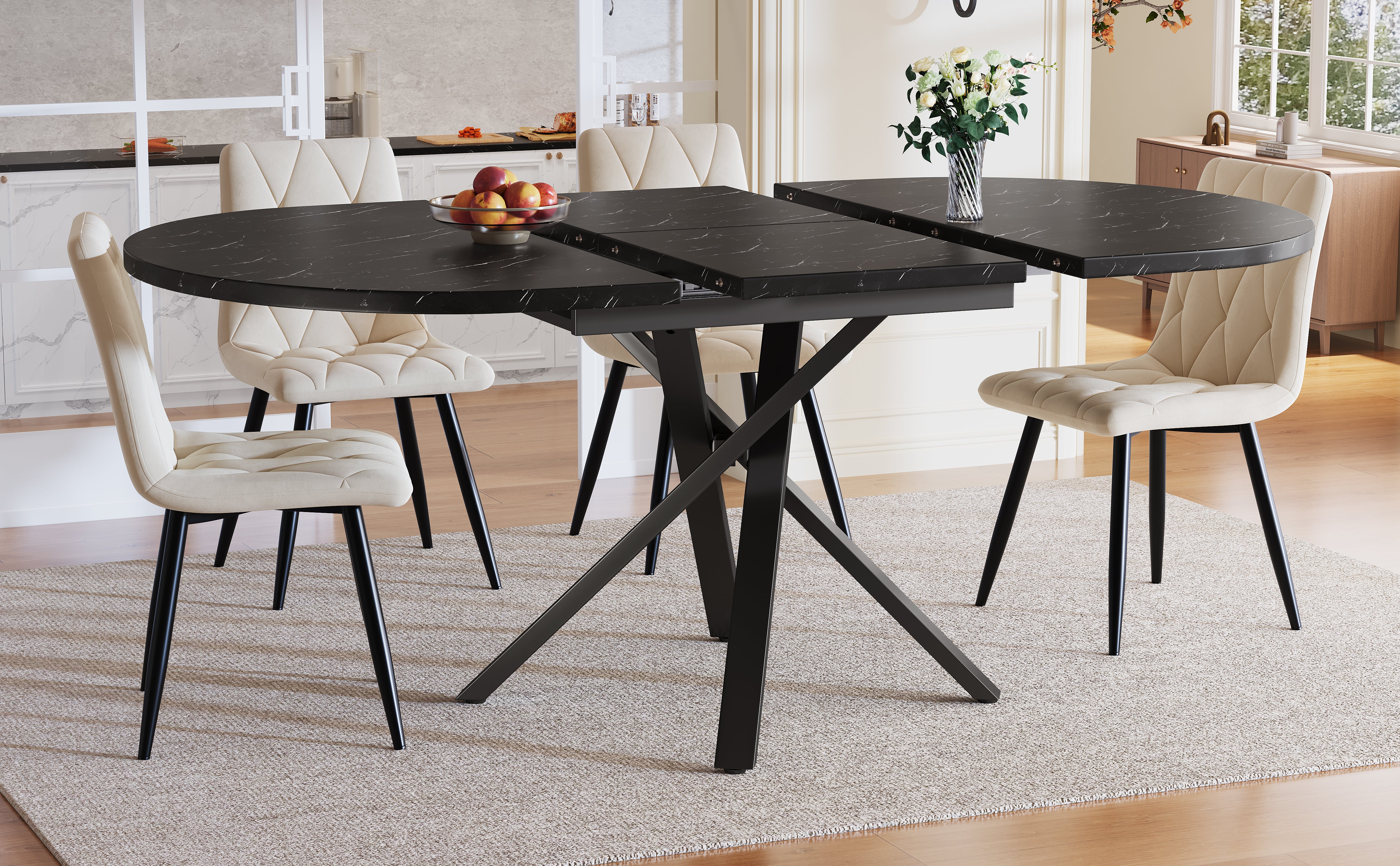 Dining Table Set 5-Piece Round Extendable 4 Chairs Velor Beige