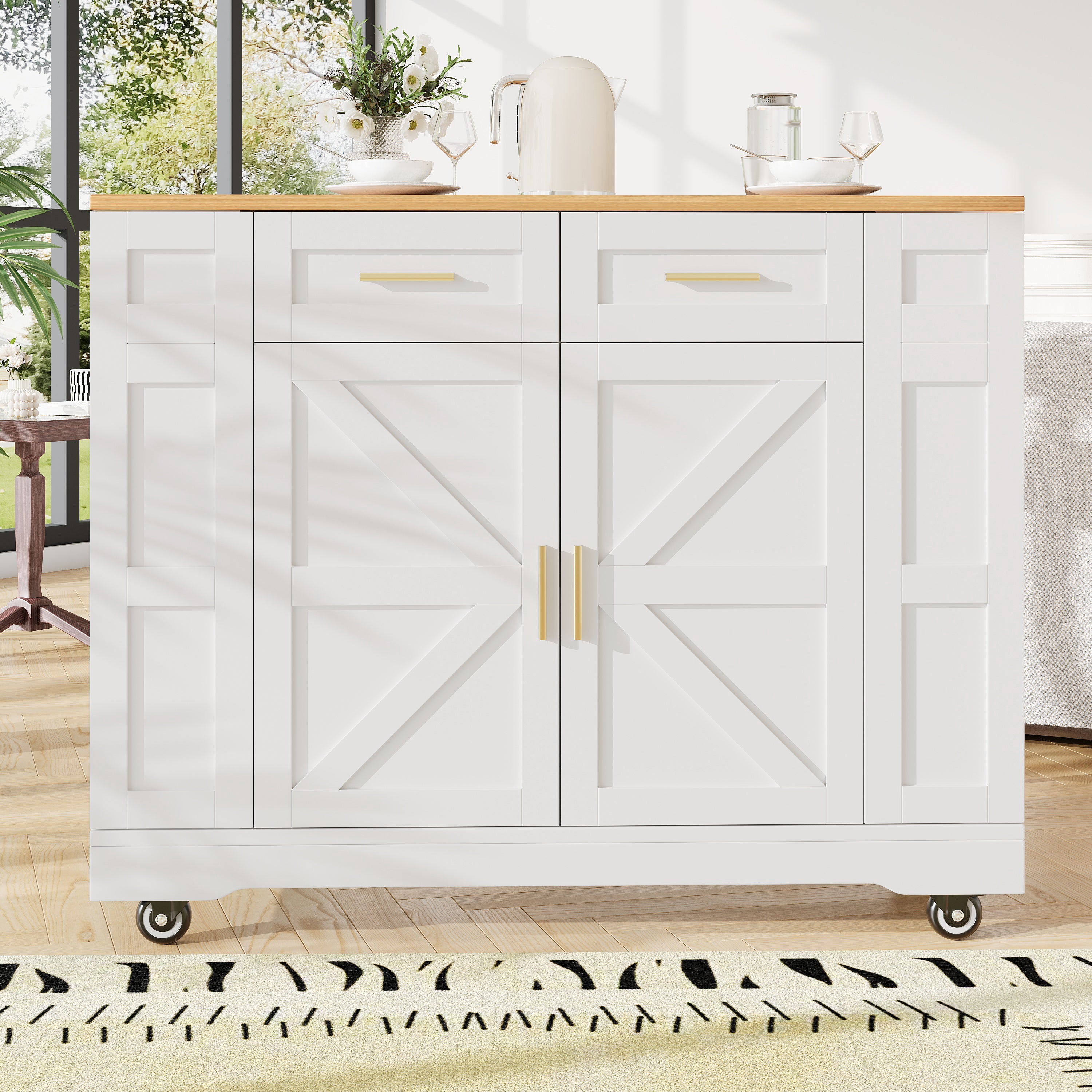 Kitchen Island on Wheels, Rolling Cart with Drawers & Storage, Foldable Worktop, White