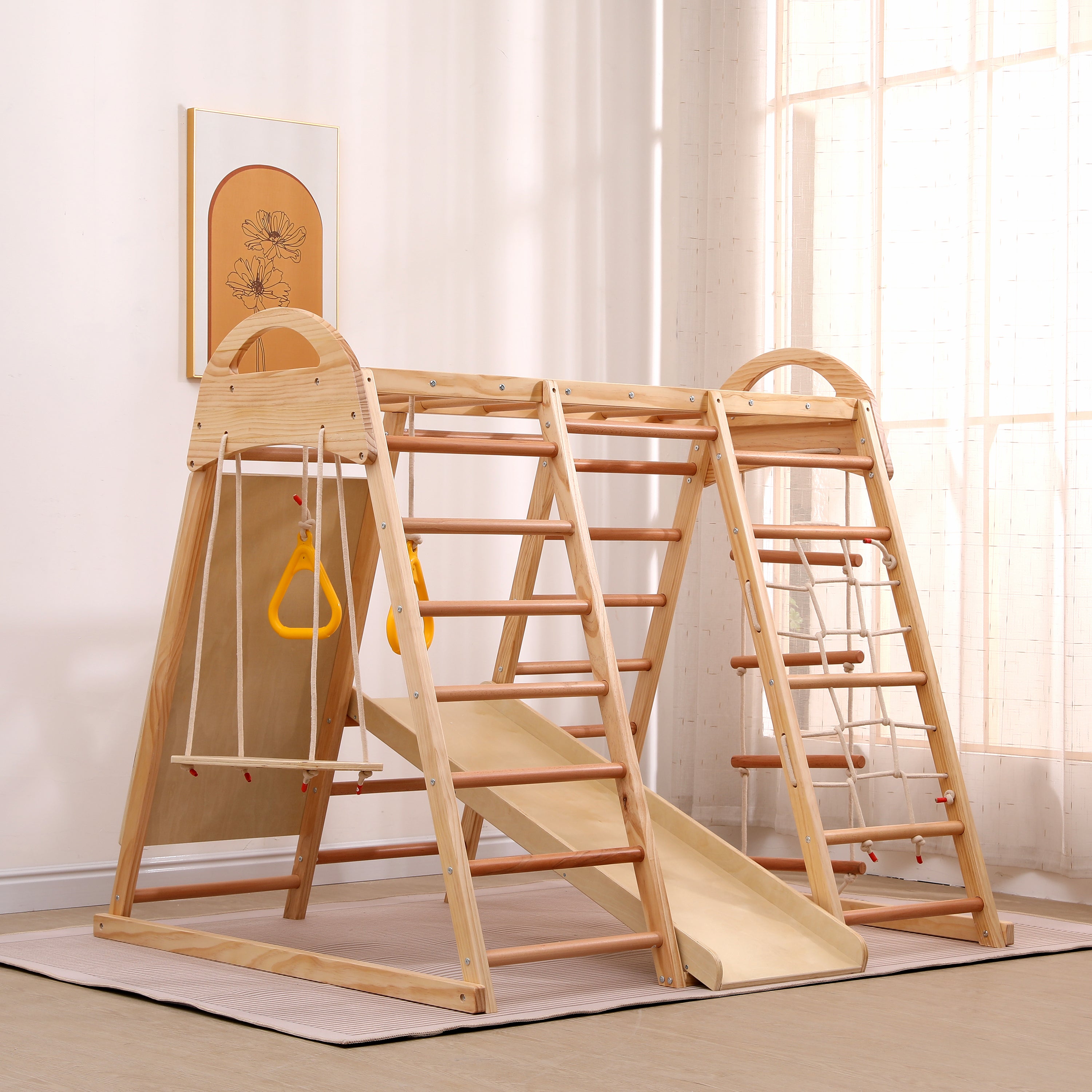 7-in-1 multifunctional climbing frame, solid wood plywood and beechwood