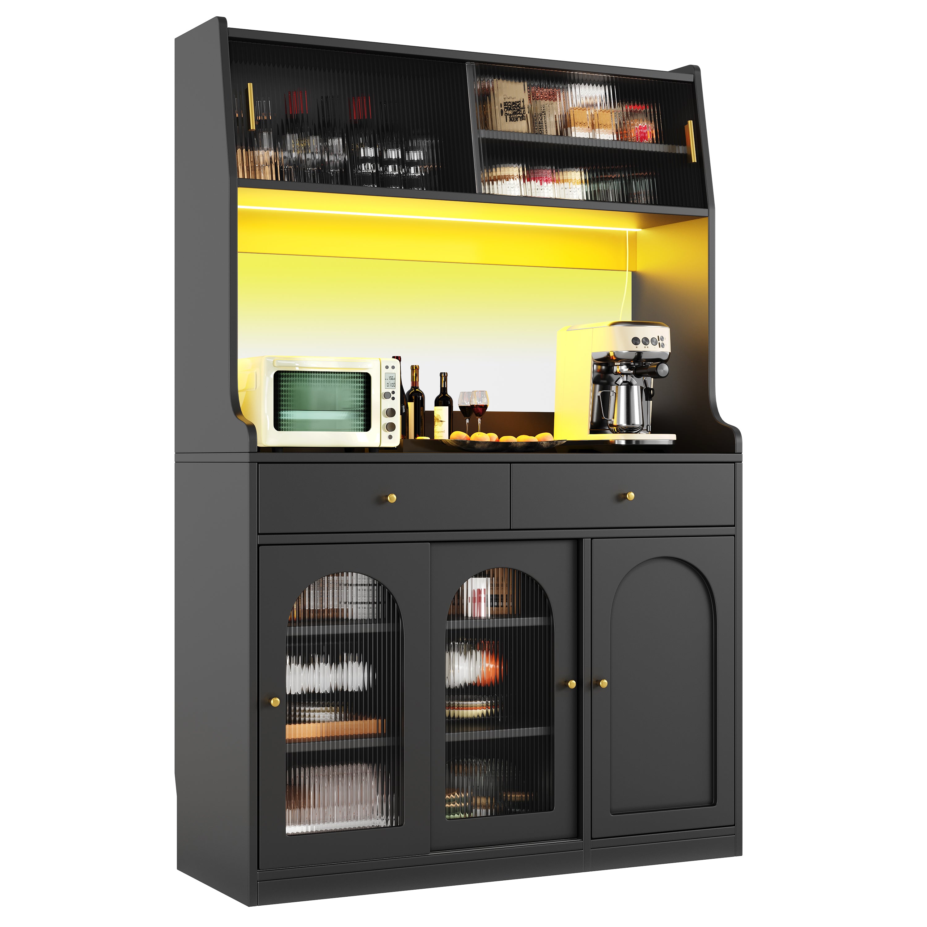 Tall Cabinet Sideboard with LED Adjustable Shelves & 2 Drawers - Black