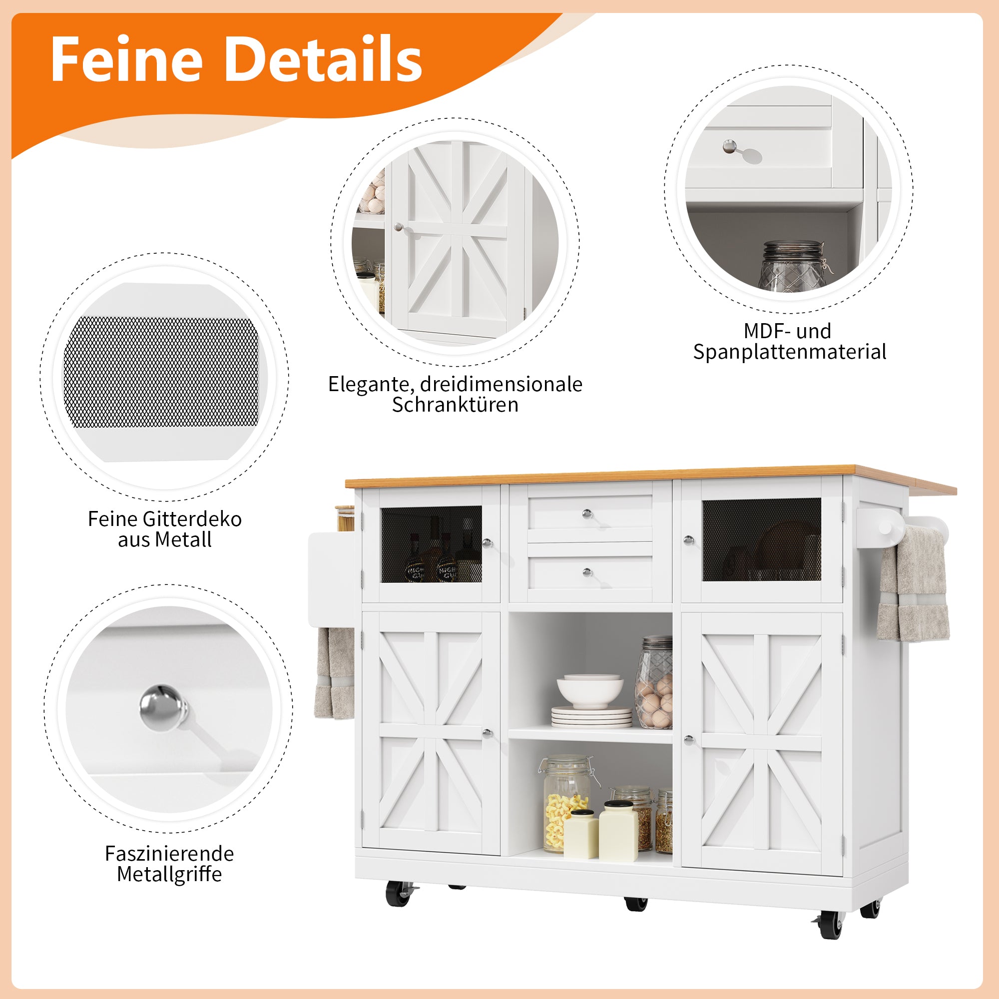 Kitchen Island Dining Trolley Sideboard Worktop Casters Adjustable Storage White