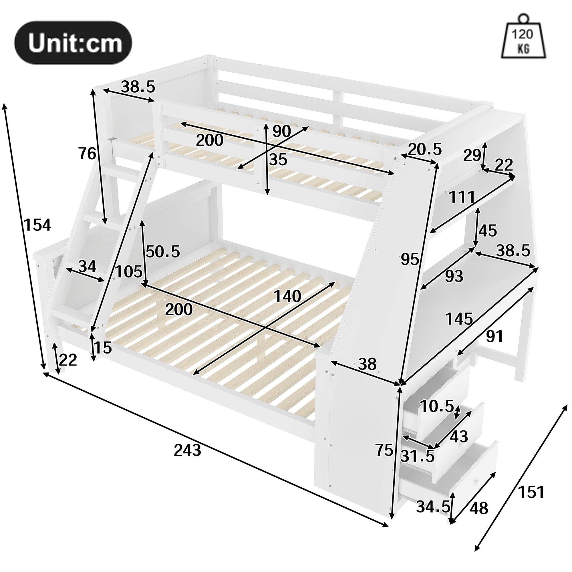 WX000715AAK Bunk Bed with Table Storage Railing, White