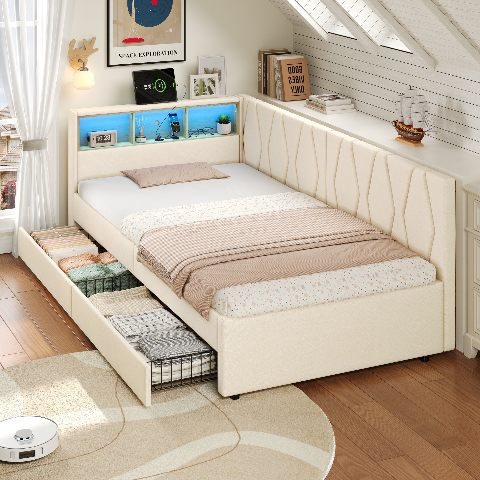 3ft Single Daybed with Two Storage Drawers, LED Modern Bed Frame with Charging Station, Linen, Beige