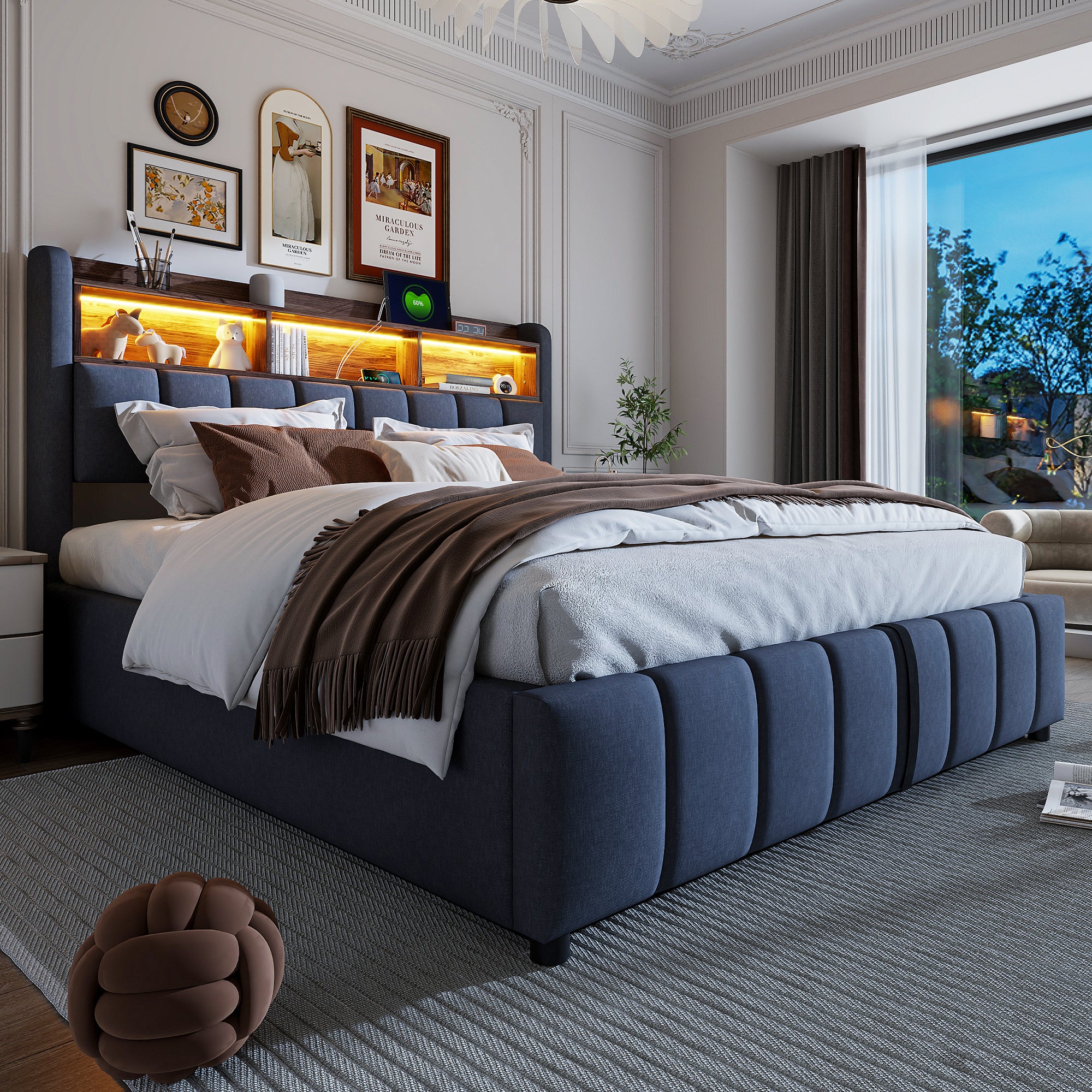 Upholstered Bed 180x200cm LED USB Hydraulic Storage Headboard | Linen Fabric Grey