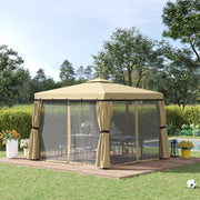 Patio Gazebo Canopy, 3 x 3m, 2 Tier Roof, Netting & Curtains, Beige Aluminium Frame