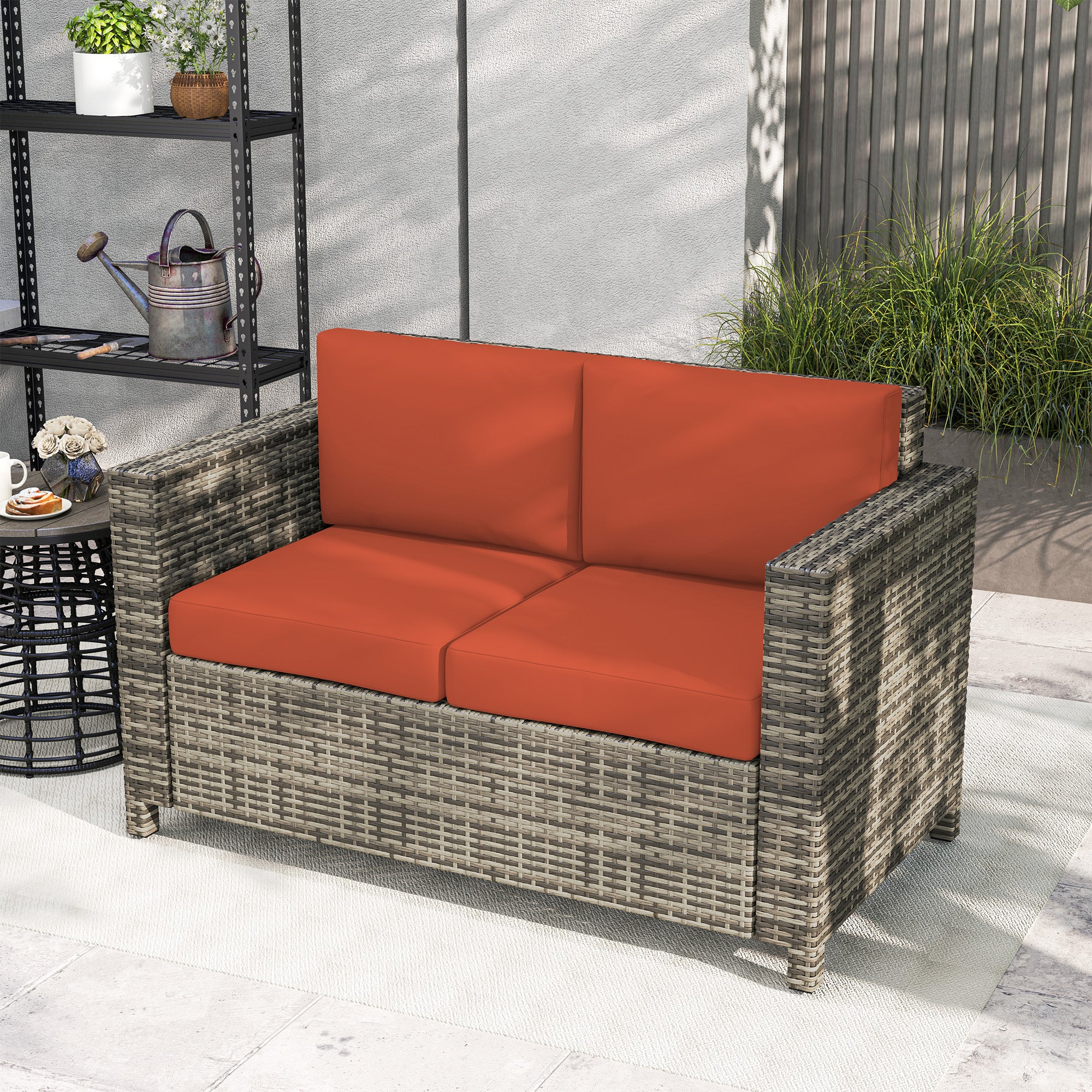 Rattan Sofa, 2 Seater Garden Loveseat with Cushions, Wicker, Grey