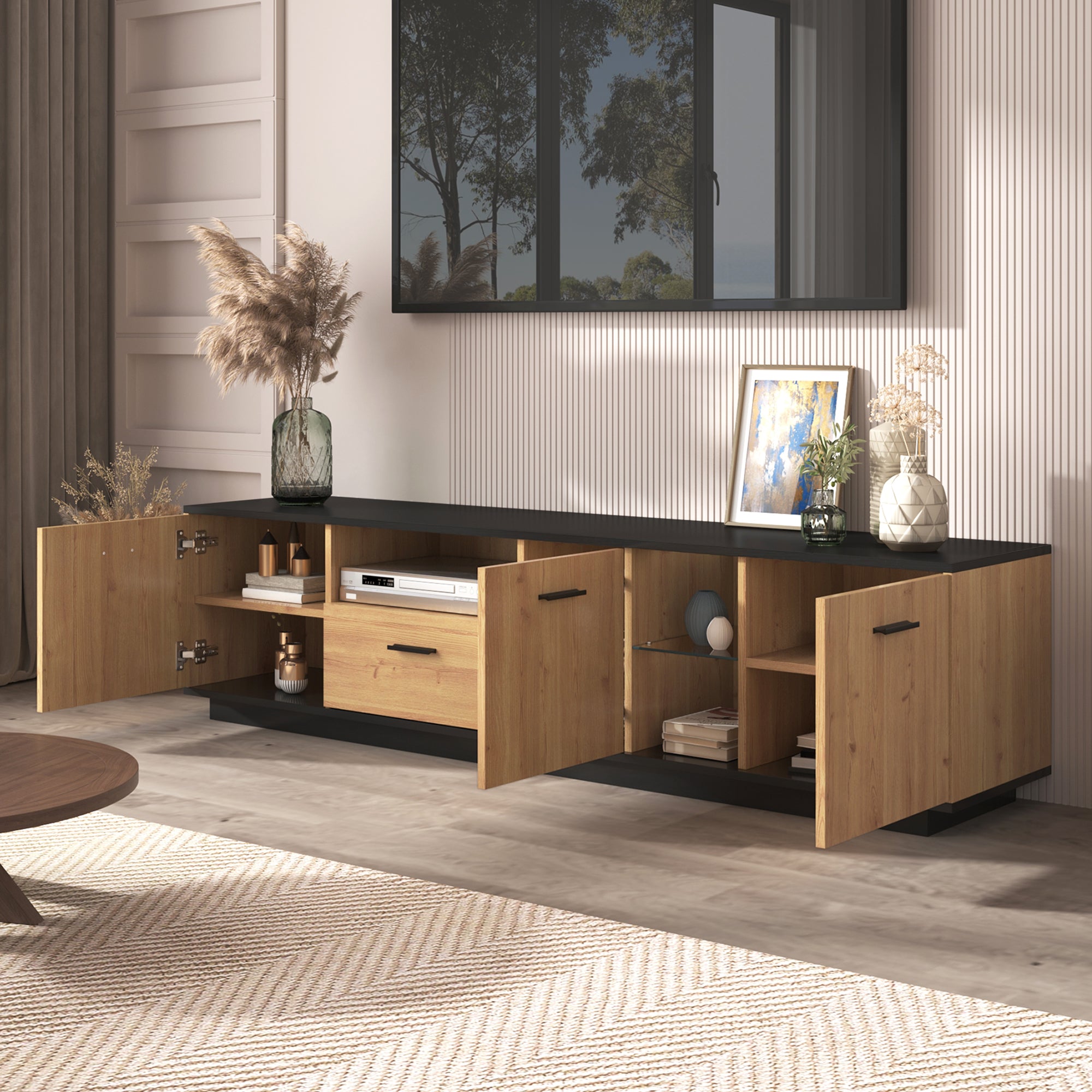 TV Cabinet 1 Drawer 3 Doors Glass Compartments Fine Texture 16 LED Lights, Black/Natural Wood