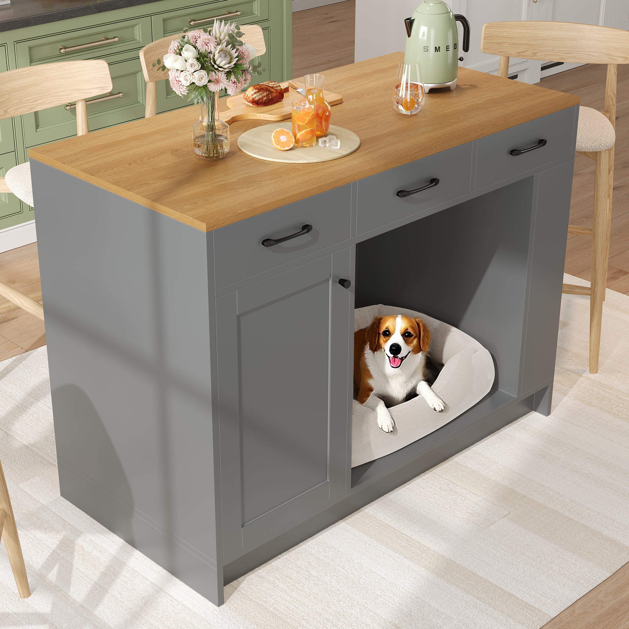 Kitchen Island with 3 Drawers, Spice Rack and Pet Storage Area, Grey