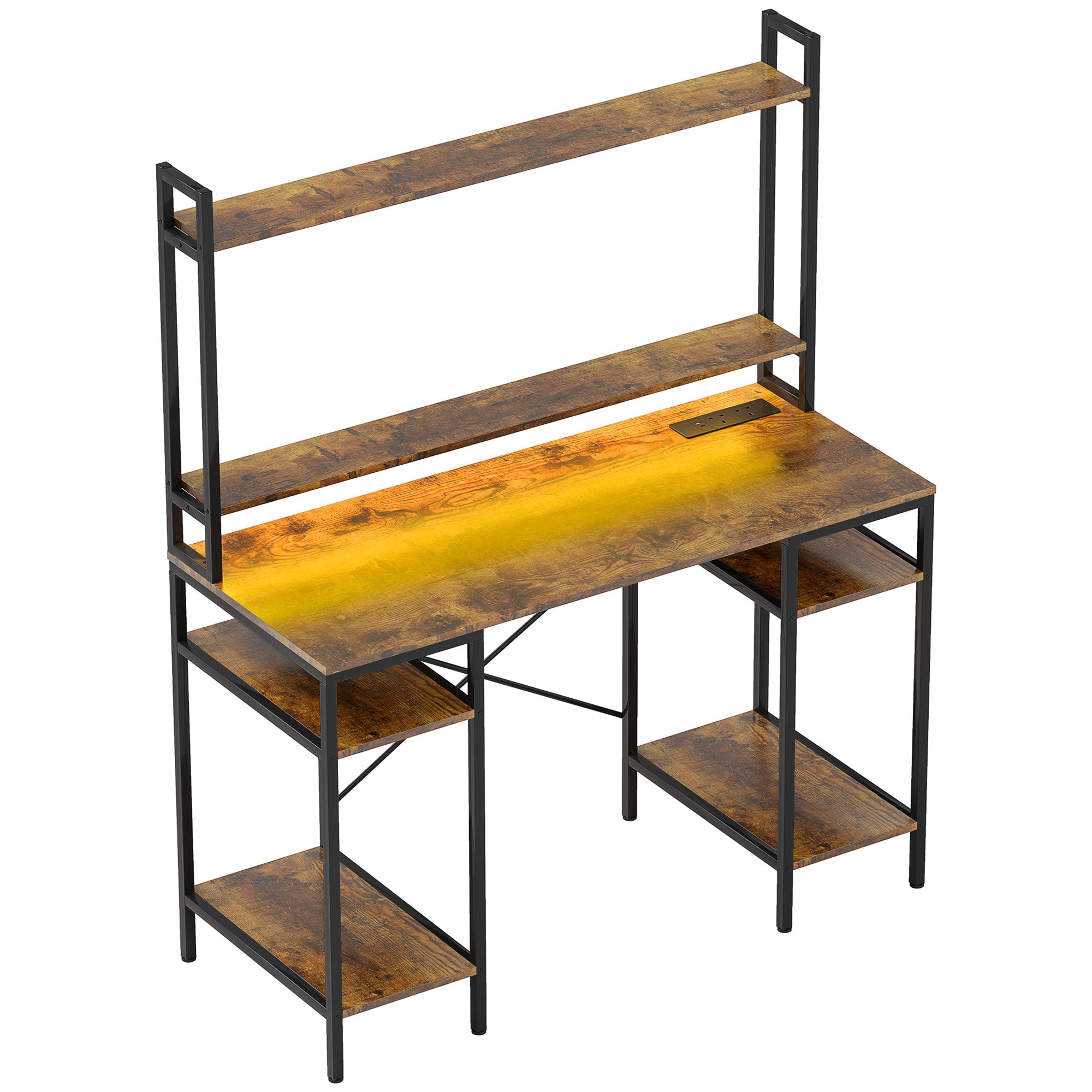 Computer Desk with Power Outlets, LED Lights, Hutch, Storage Shelves, Rustic Brown