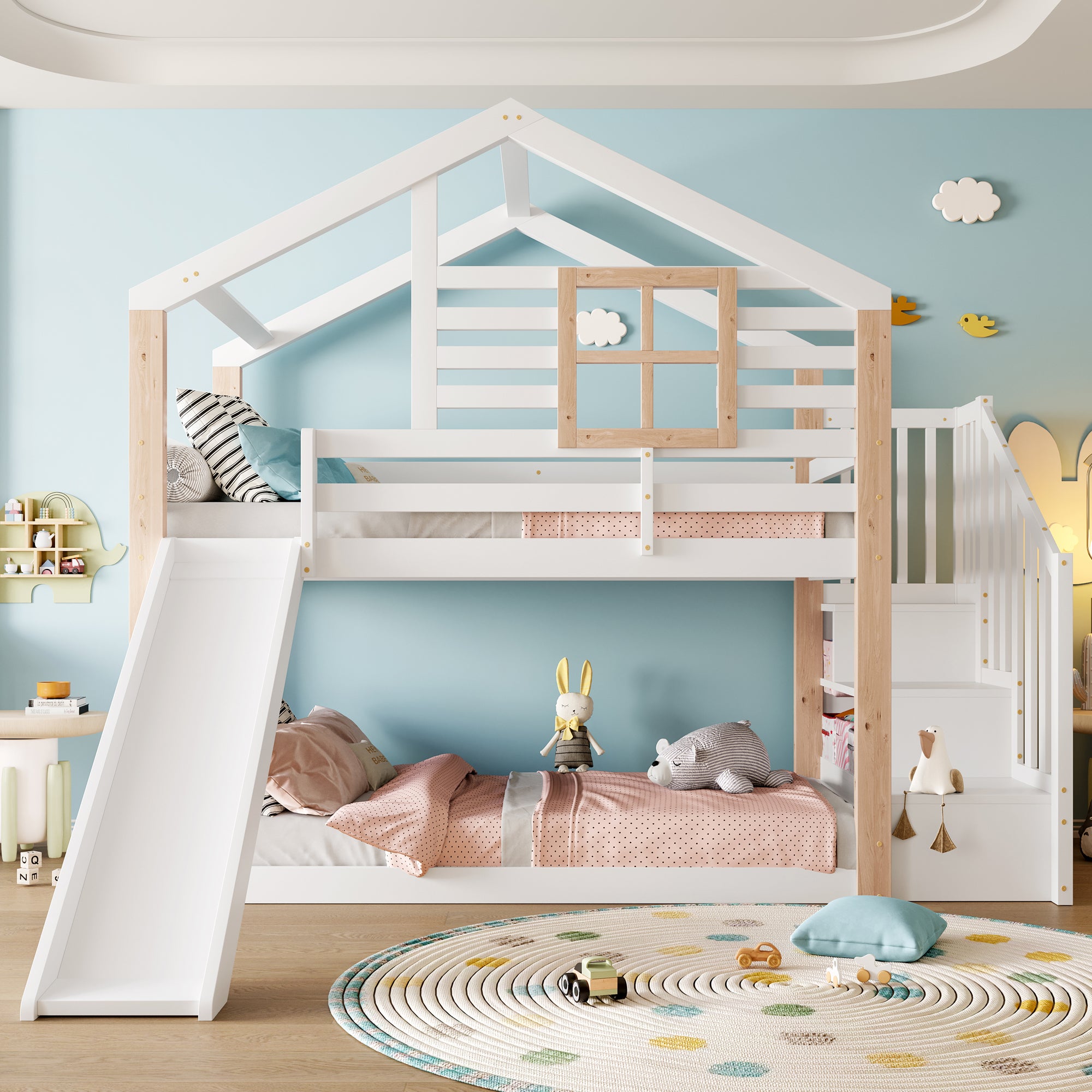 Children's Bunk Bed Slide Stairs Storage - Solid Wood Scandinavian Style