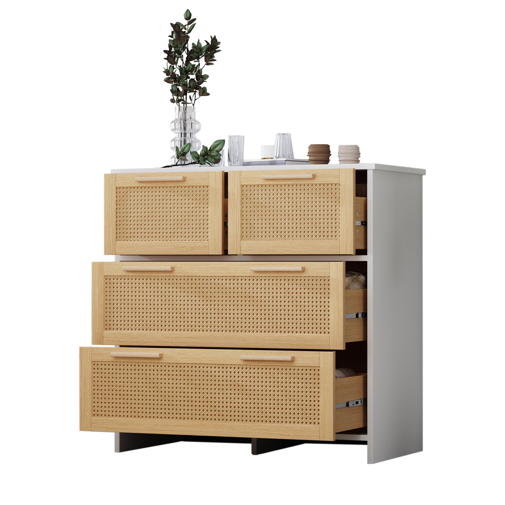 4-drawer rattan cabinet with solid wood handles