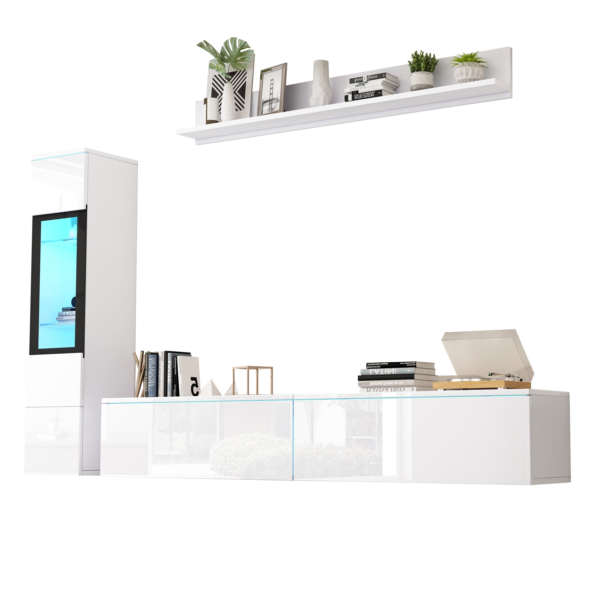 TV Wall Unit Set, 3-Piece LED Lighting, High Gloss White