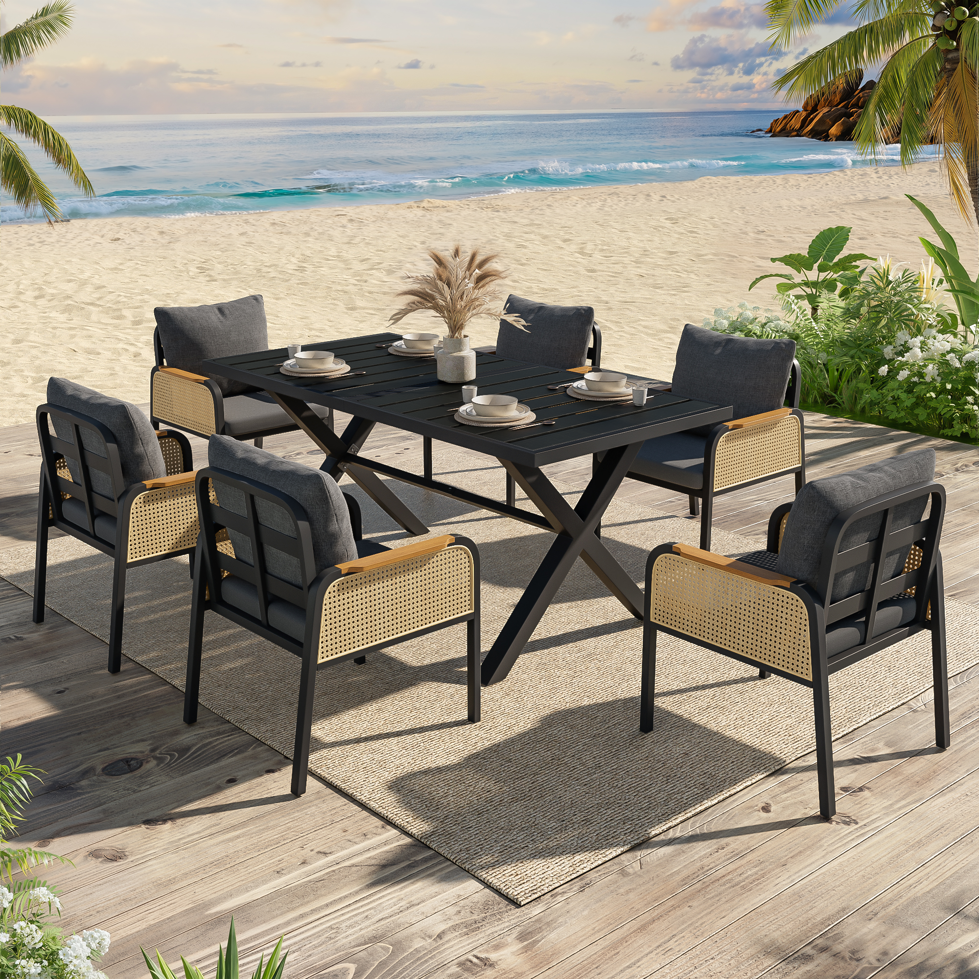 Modern Outdoor Sofa Set with Woven Armrests and Seat Cushions, Iron Frame