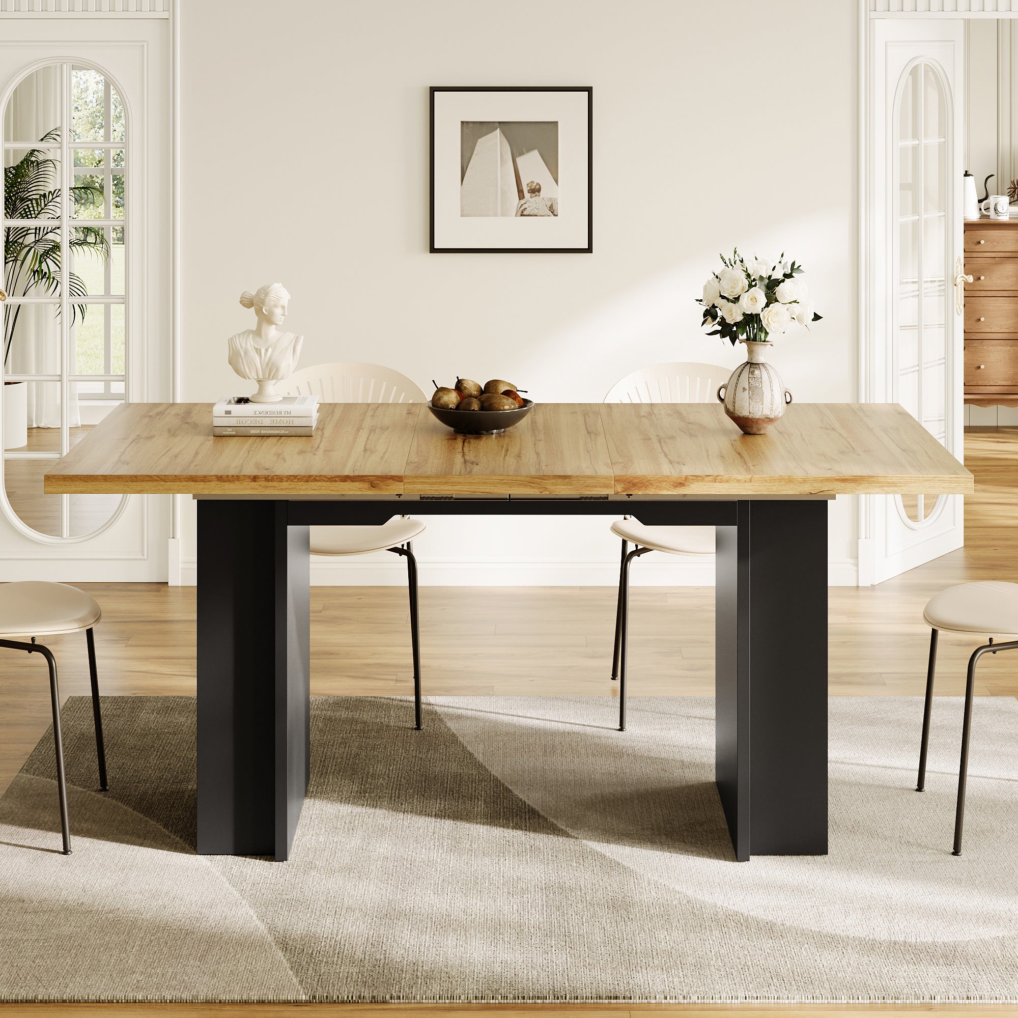 Telescopic Dining Table with Shelves and Extendable 120-160cm Surface, Wood Color