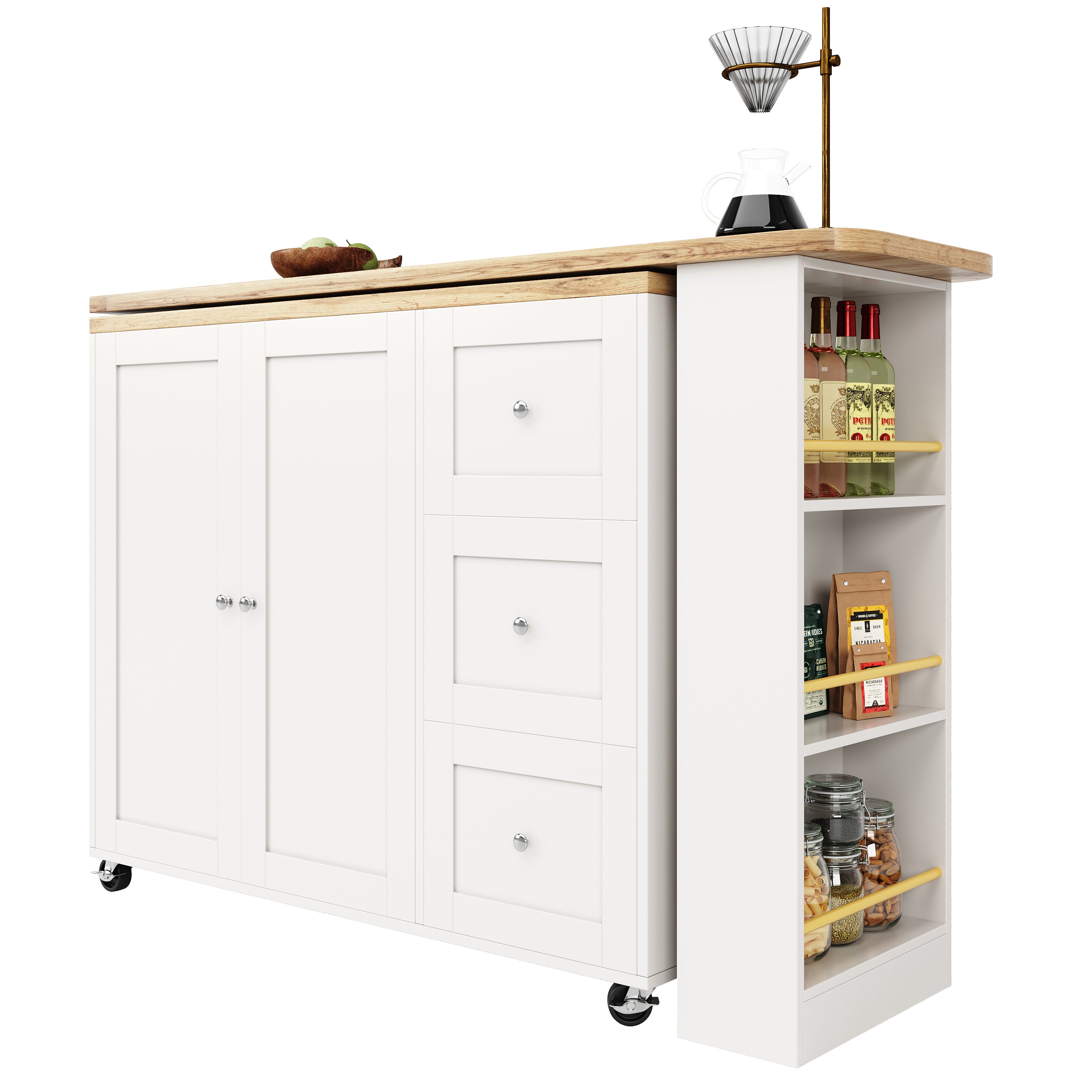 360° Rotating Bar Table Extendable Storage Island with 3 Drawers and Casters, White