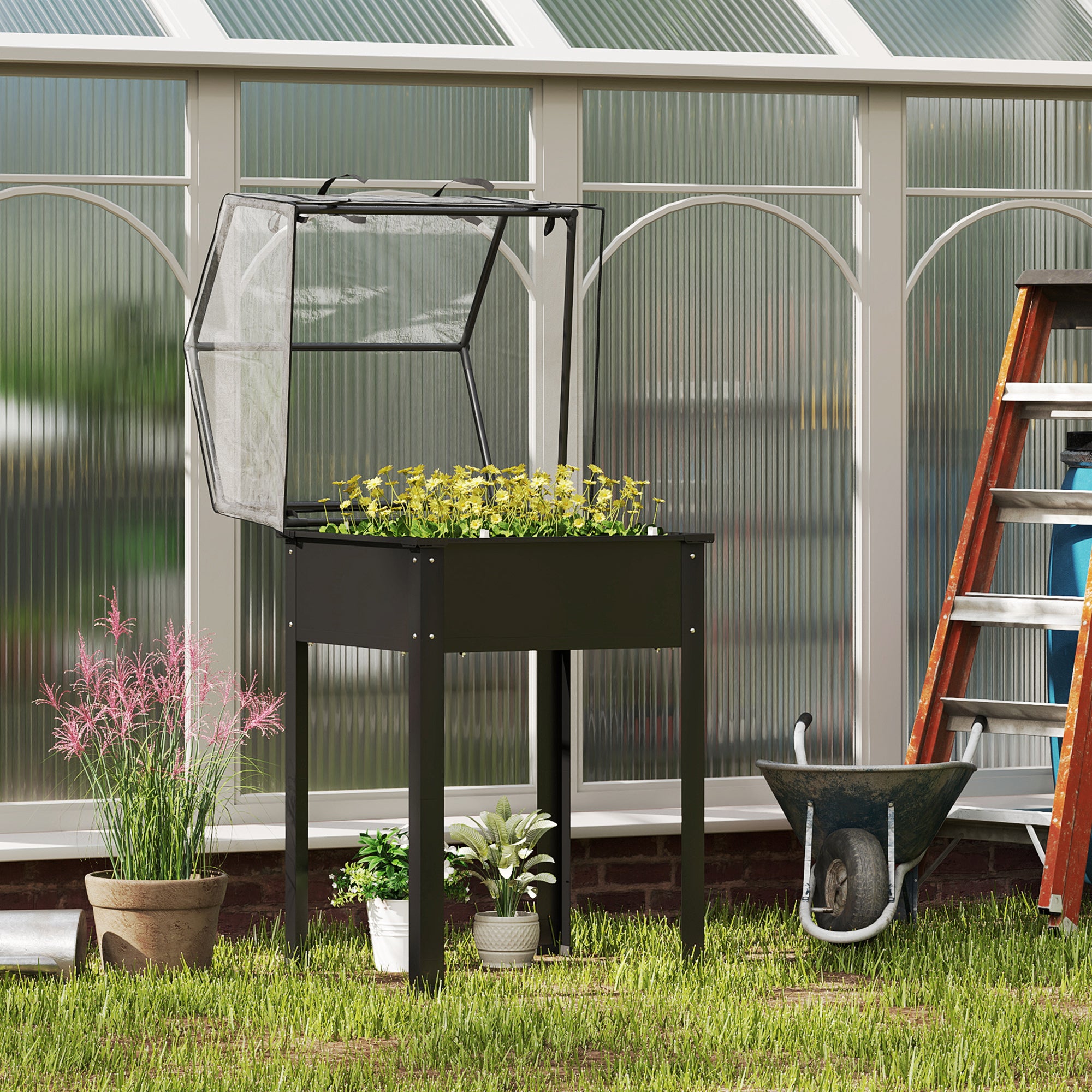 Raised Garden Bed with Cover, Elevated Herb Planter & Drainage Holes, Metal Black