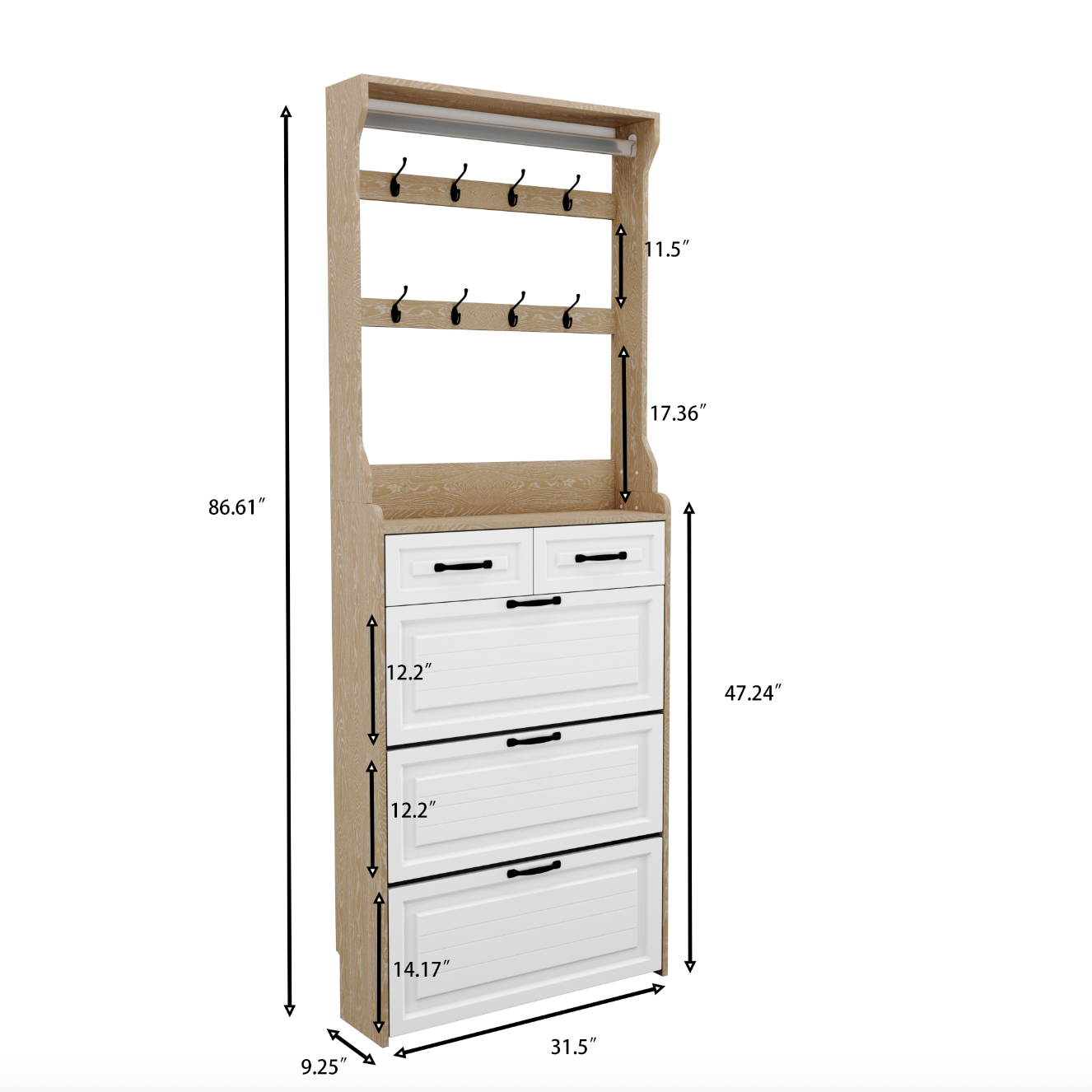 Shoe Cabinet with Hanging Rack, 3 Doors and 2 Drawers, White and Oak