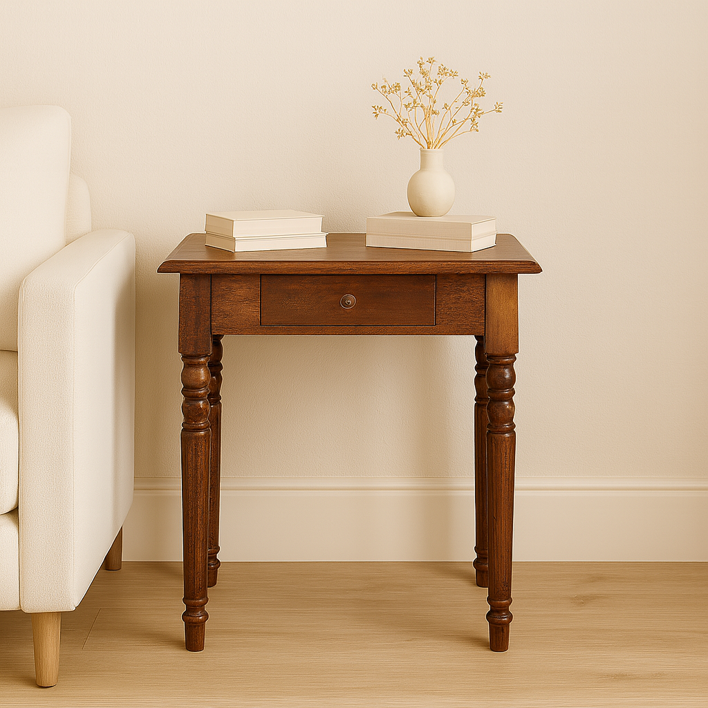 Writing Desk, Chestnut Turned Leg 1 Drawer, Solid Wood Dark Brown