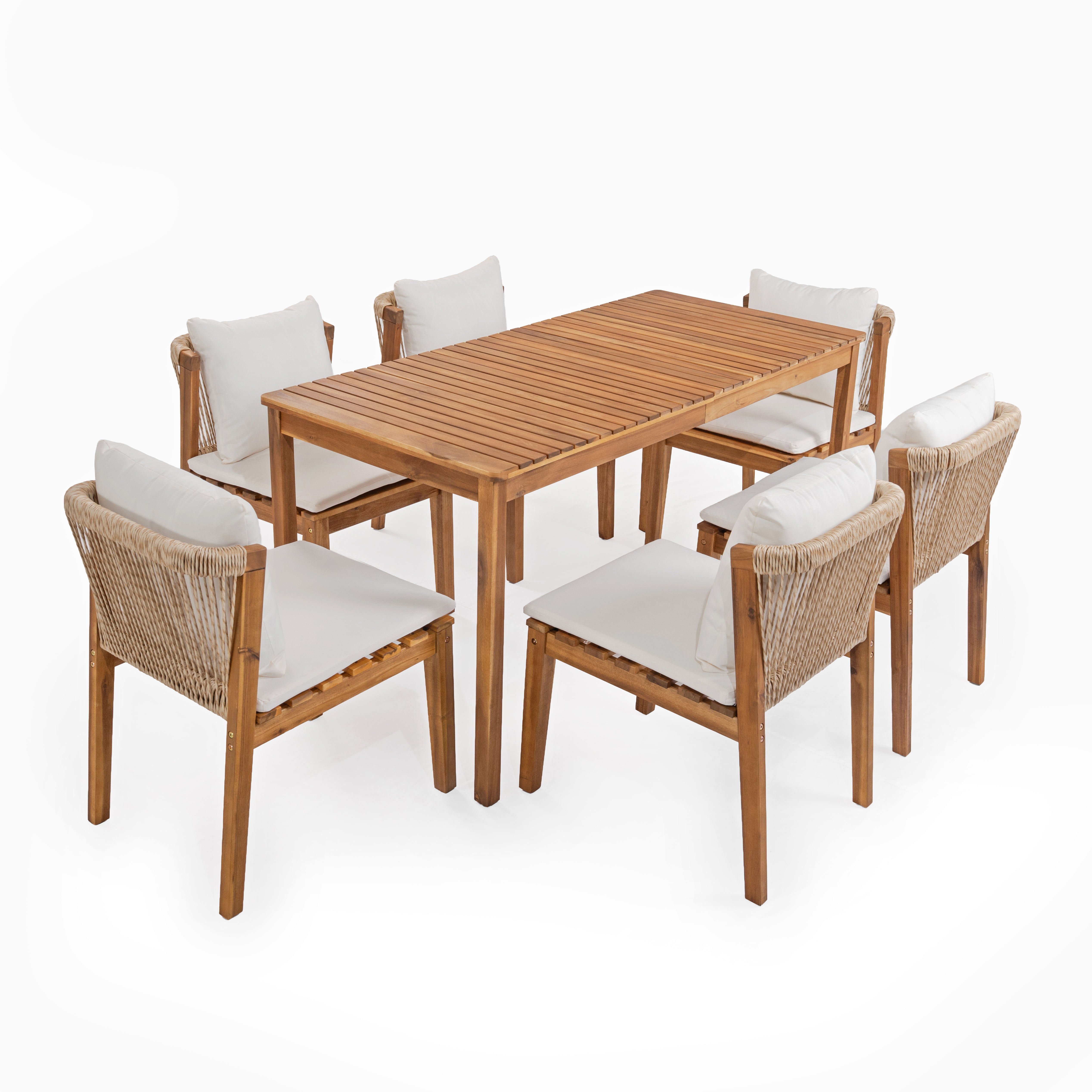 Garden Dining Set with 1 Table and 6 Chairs, Solid Wood and Beige