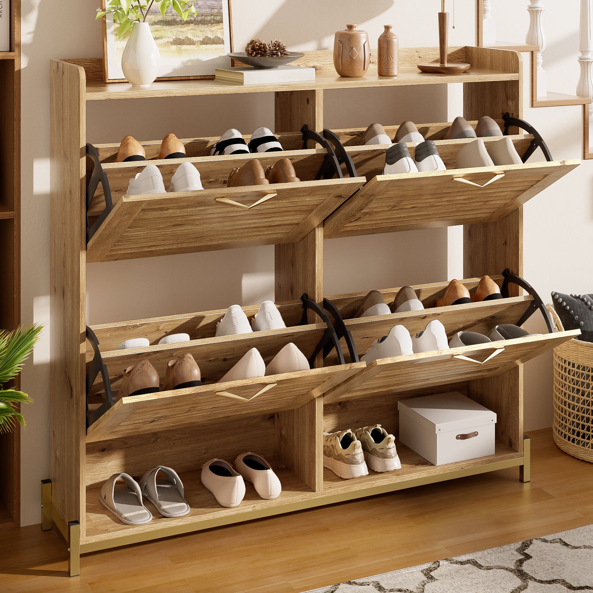 Modern Shoe Cabinet, 4 Doors, Metal Frame, Space-Saving, Wooden Slat