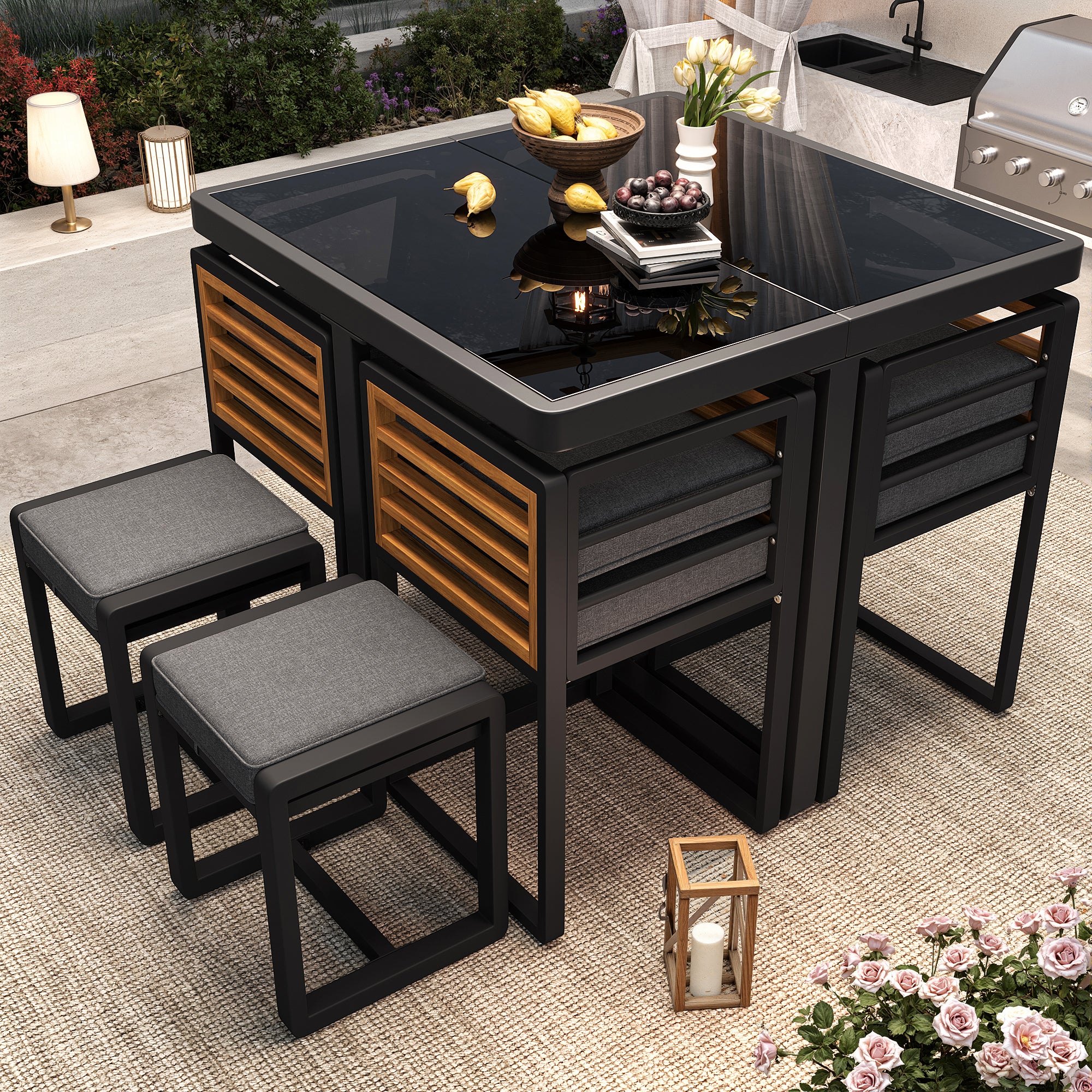 Garden Furniture Set with 6 Chairs and Table, Glass Tabletop