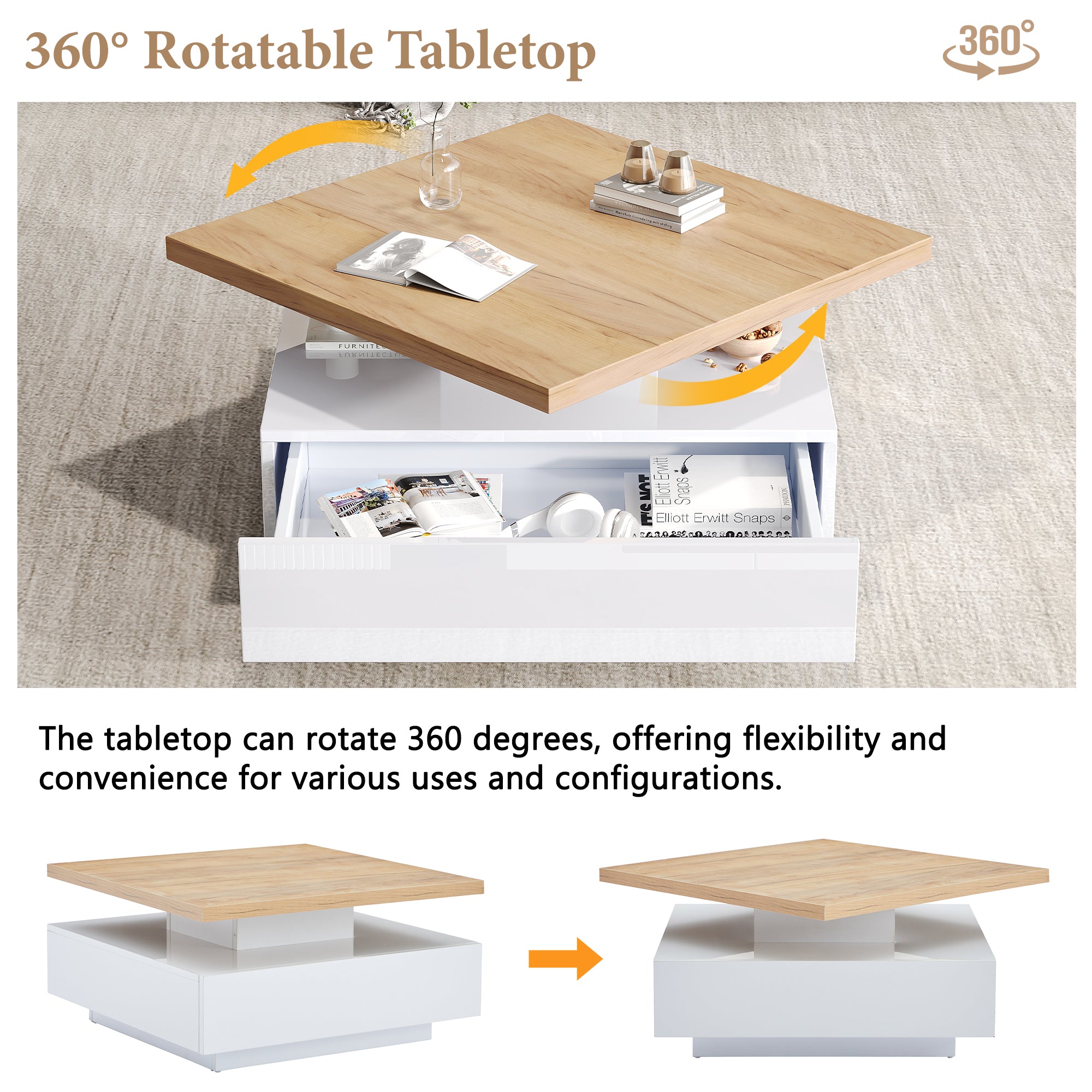 Multifunctional Swivel Coffee Table with Storage, White and Walnut