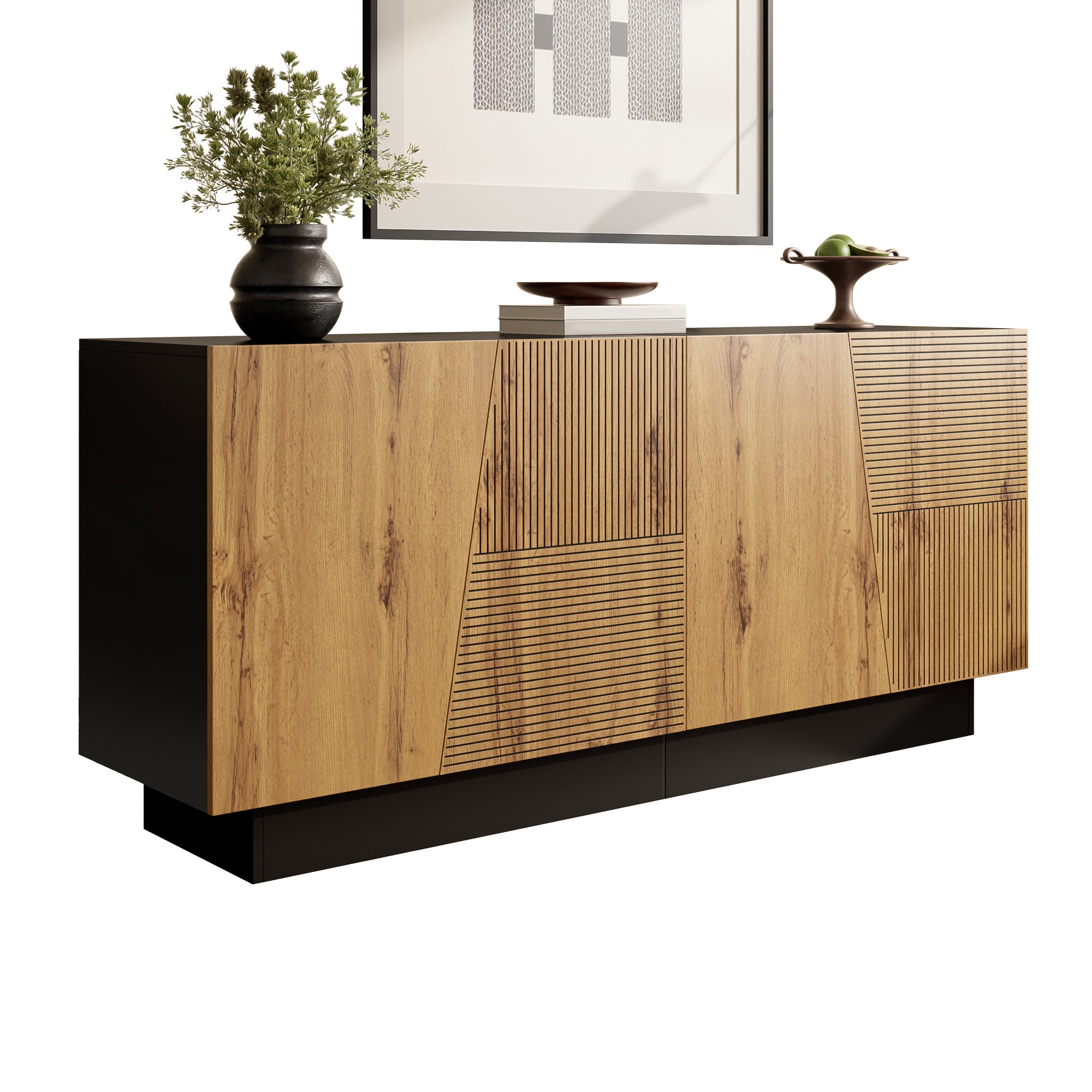 Sideboard 160cm, Ample Storage Geometric Design, Adjustable Shelf, Modern Finish