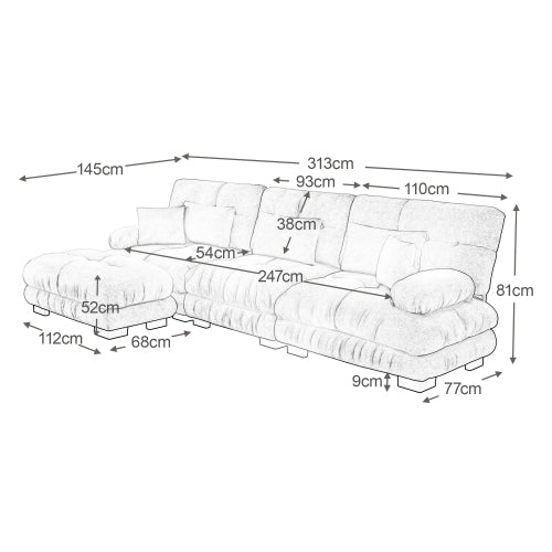 Luxury Modular Corner Sofa - Oversized L-shaped Cloud Couch with Ottoman, Chenille Grey