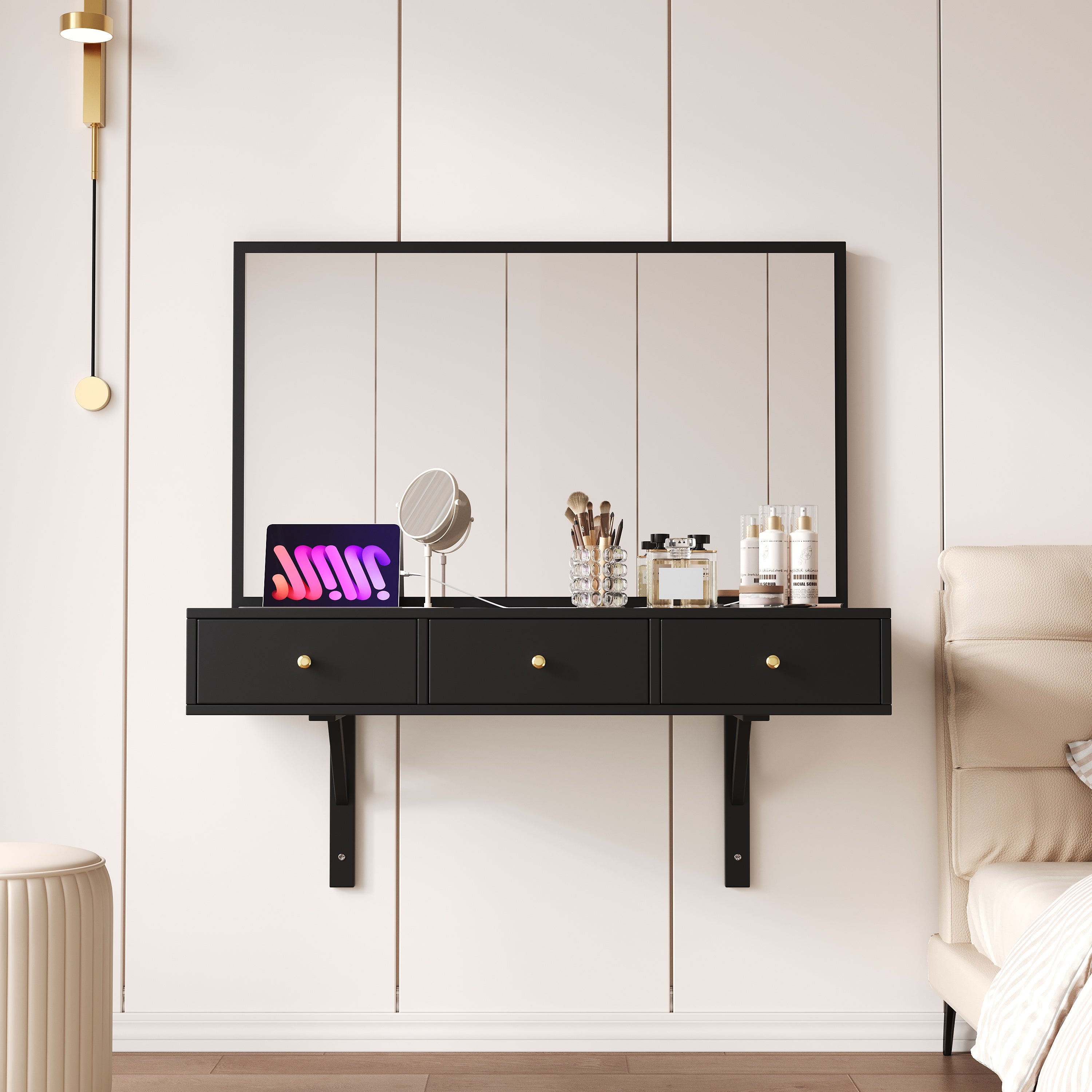 Wall-Mounted Vanity Table with Mirror, 3 Drawers, Power Outlets, Tablet/Card Slot, Drink Holder, Black