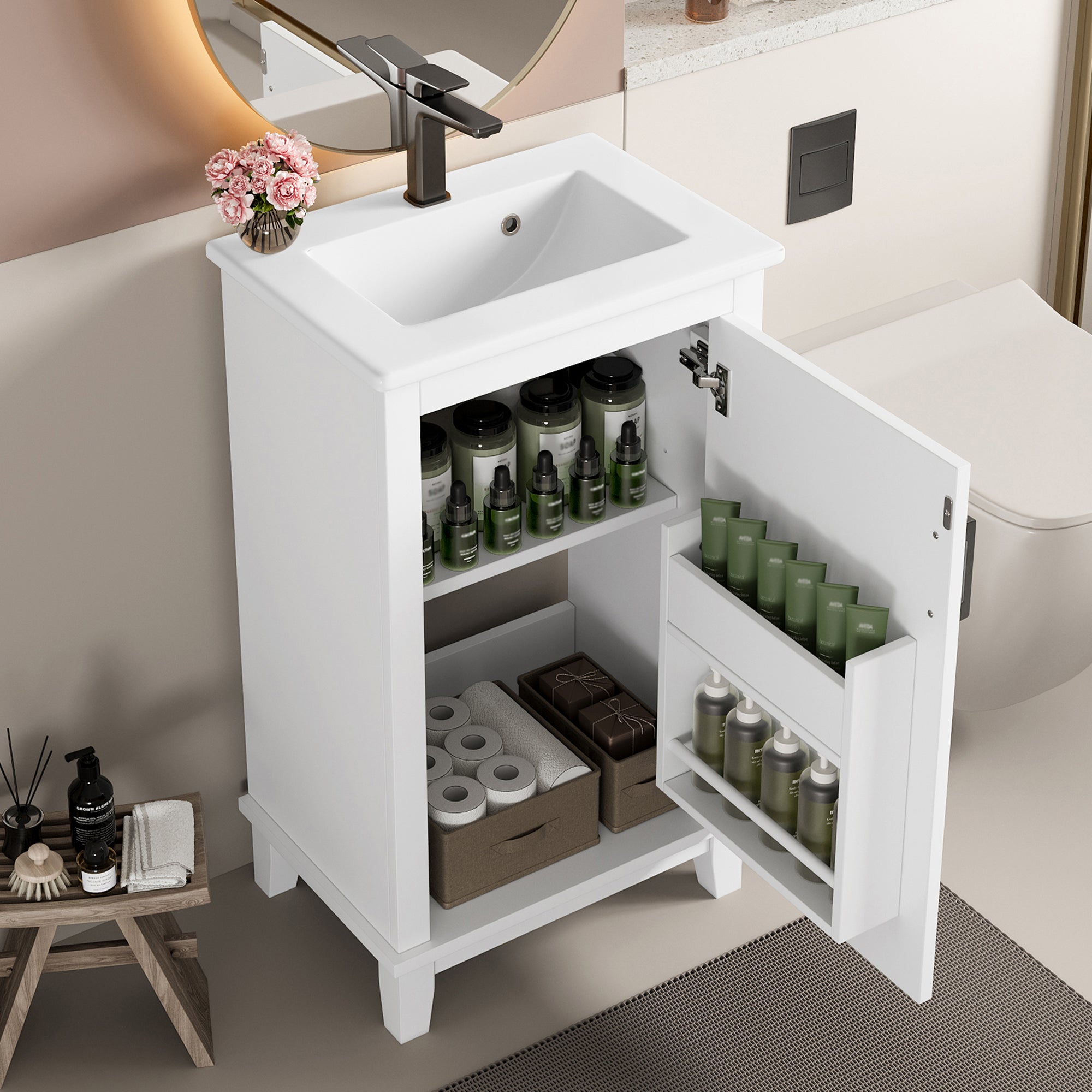 Floor-standing Bathroom Vanity Unit with Integrated Ceramic Sink and Adjustable Shelves, White