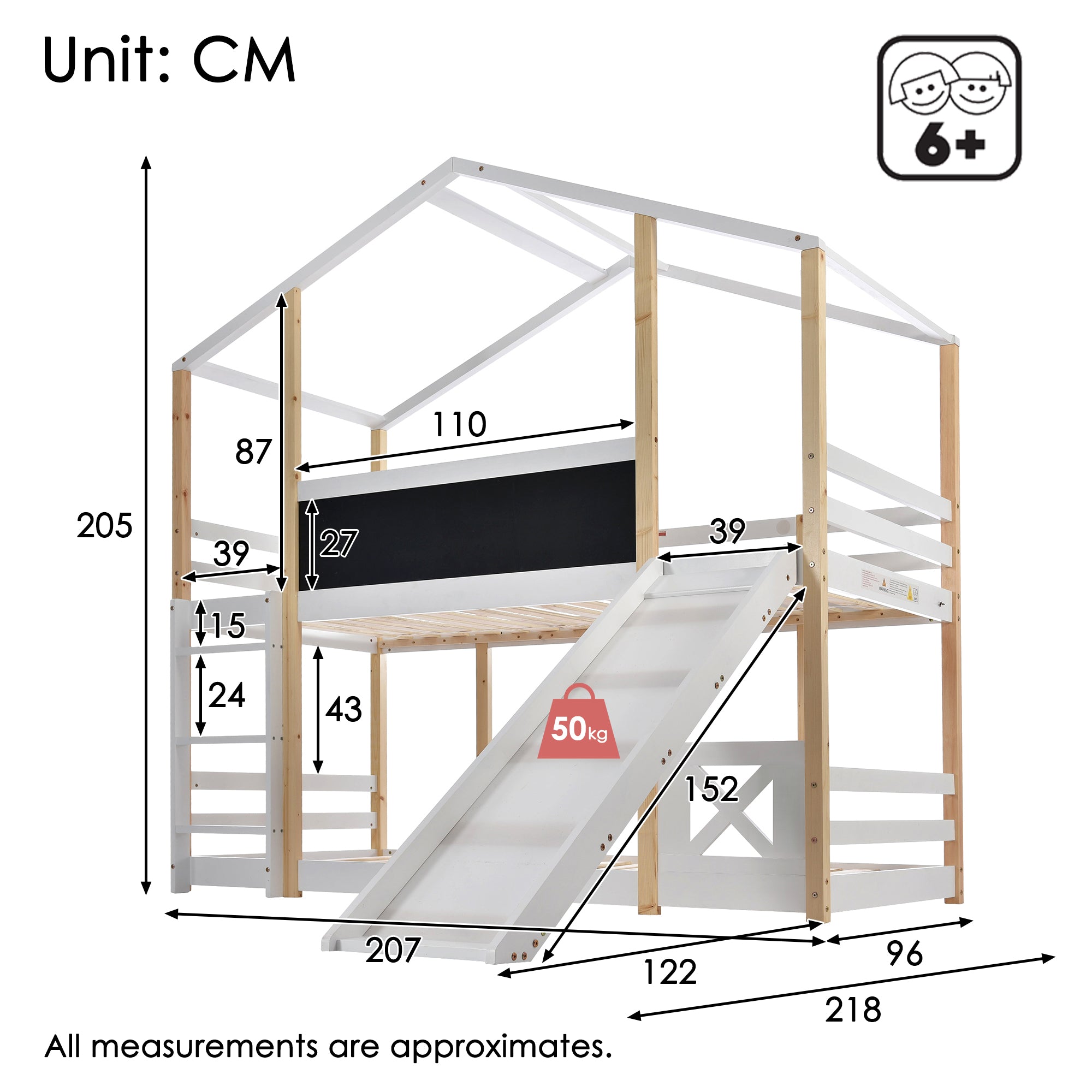 Children's Bed Tree House, Loft Bed with Slide & Ladder, 90x200cm, Natural & White