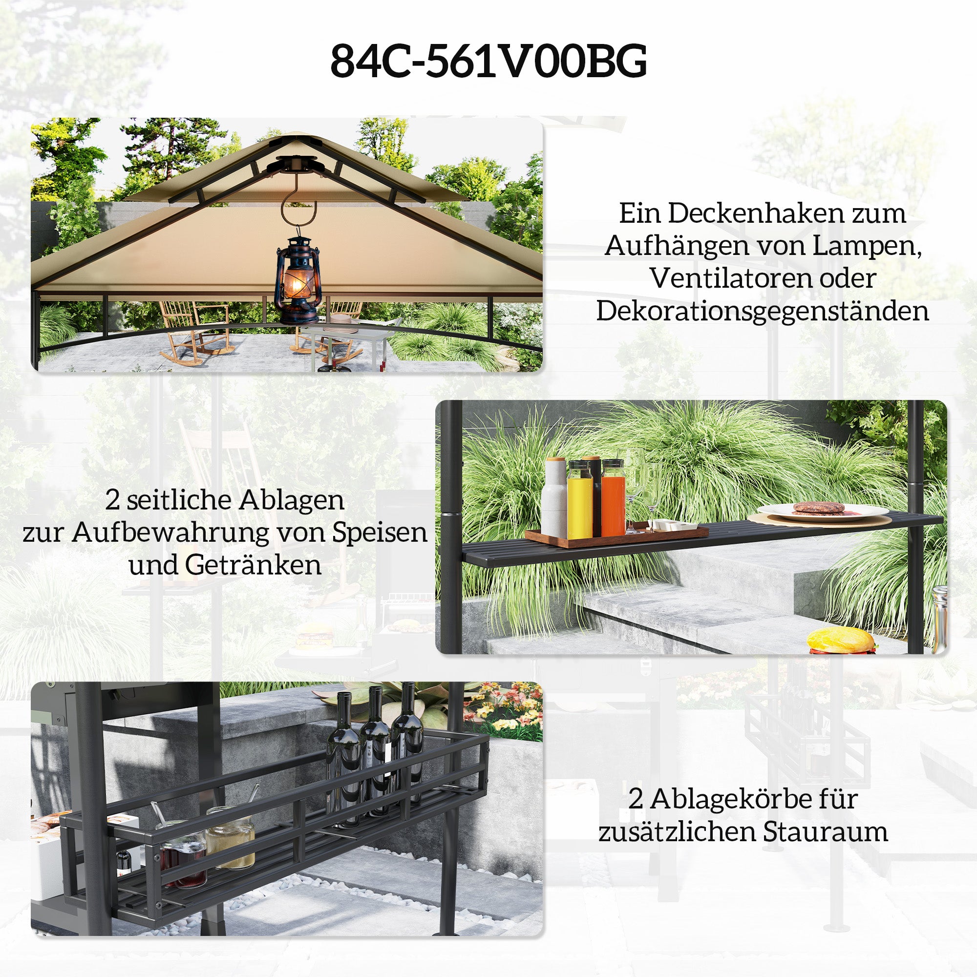 BBQ Pavilion, Double Roof, Side Shelves, Steel, Beige