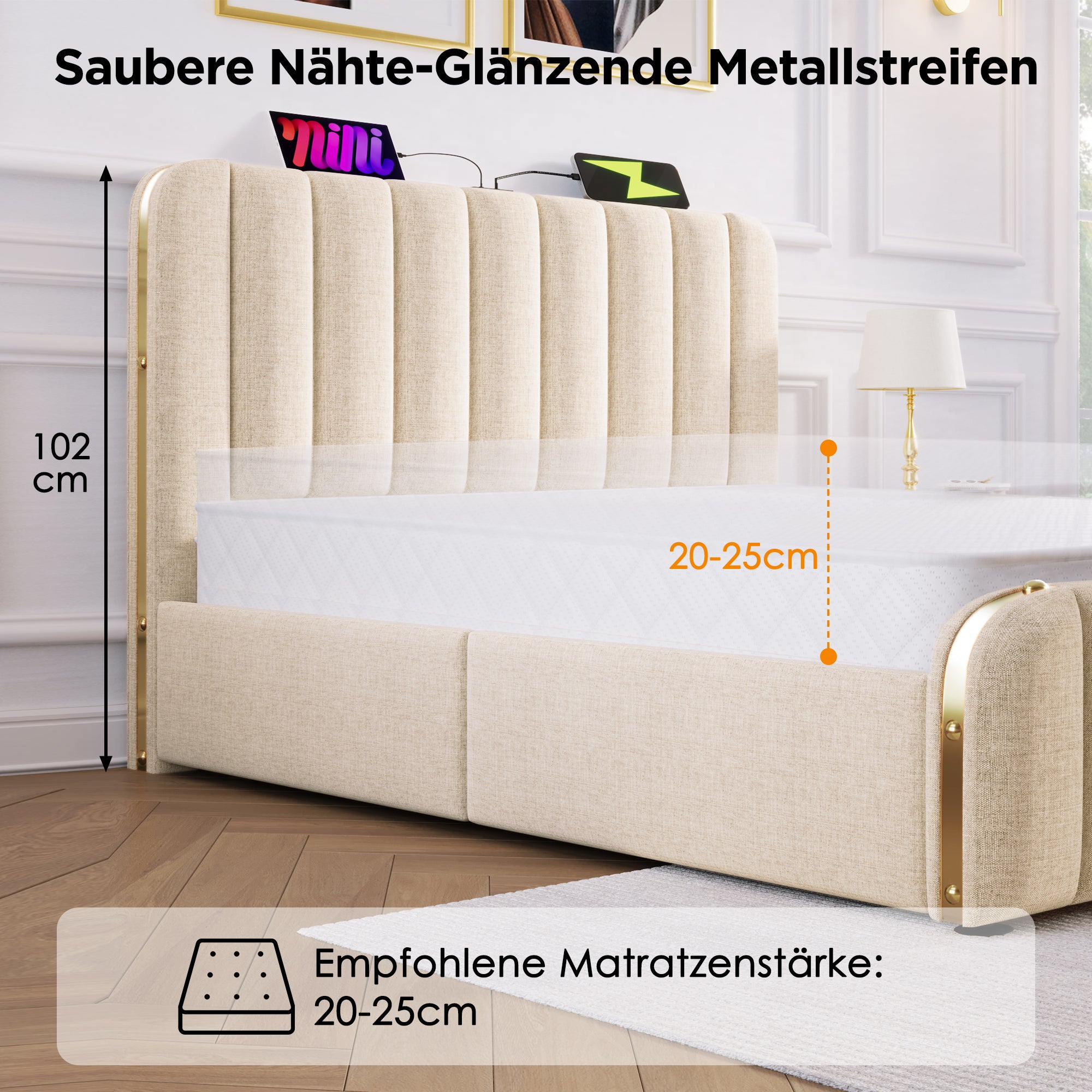 Upholstered Single Bed, Hydraulic Storage with USB Type-C, Beige Linen