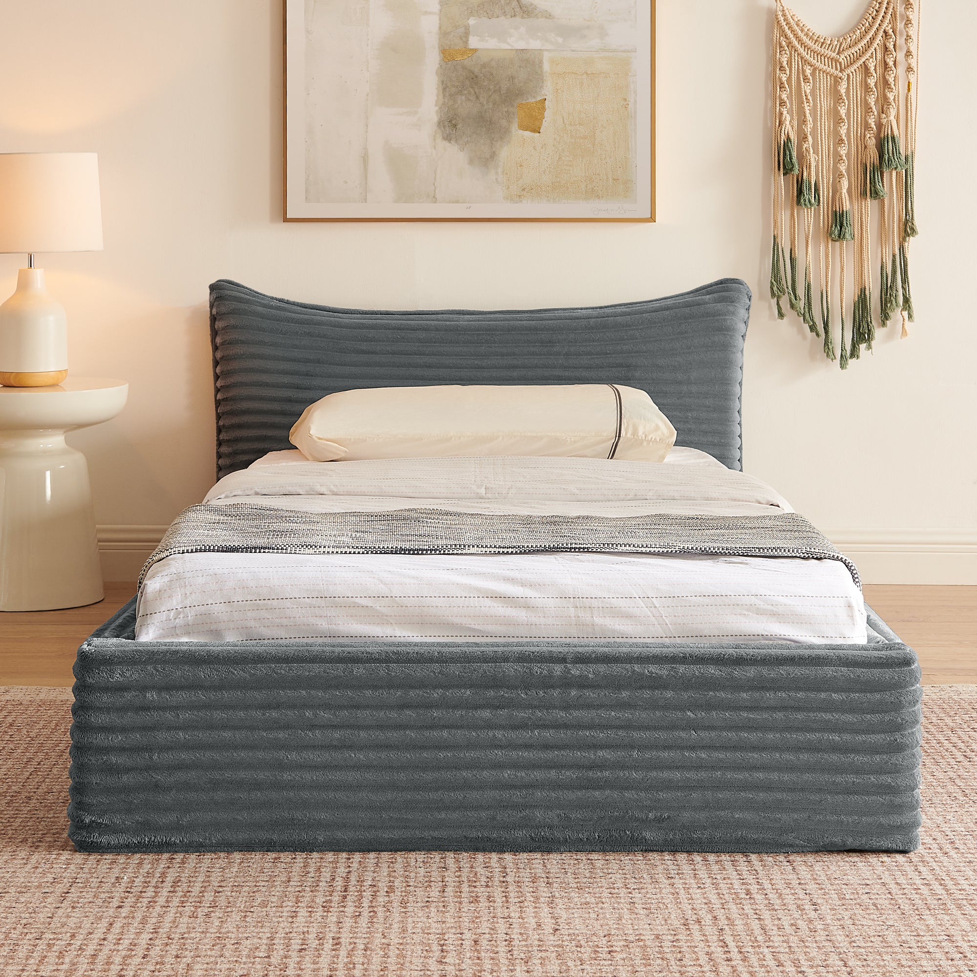 Single Bed 90x200cm Corduroy Cover Wood/Iron Frame - Dark Grey