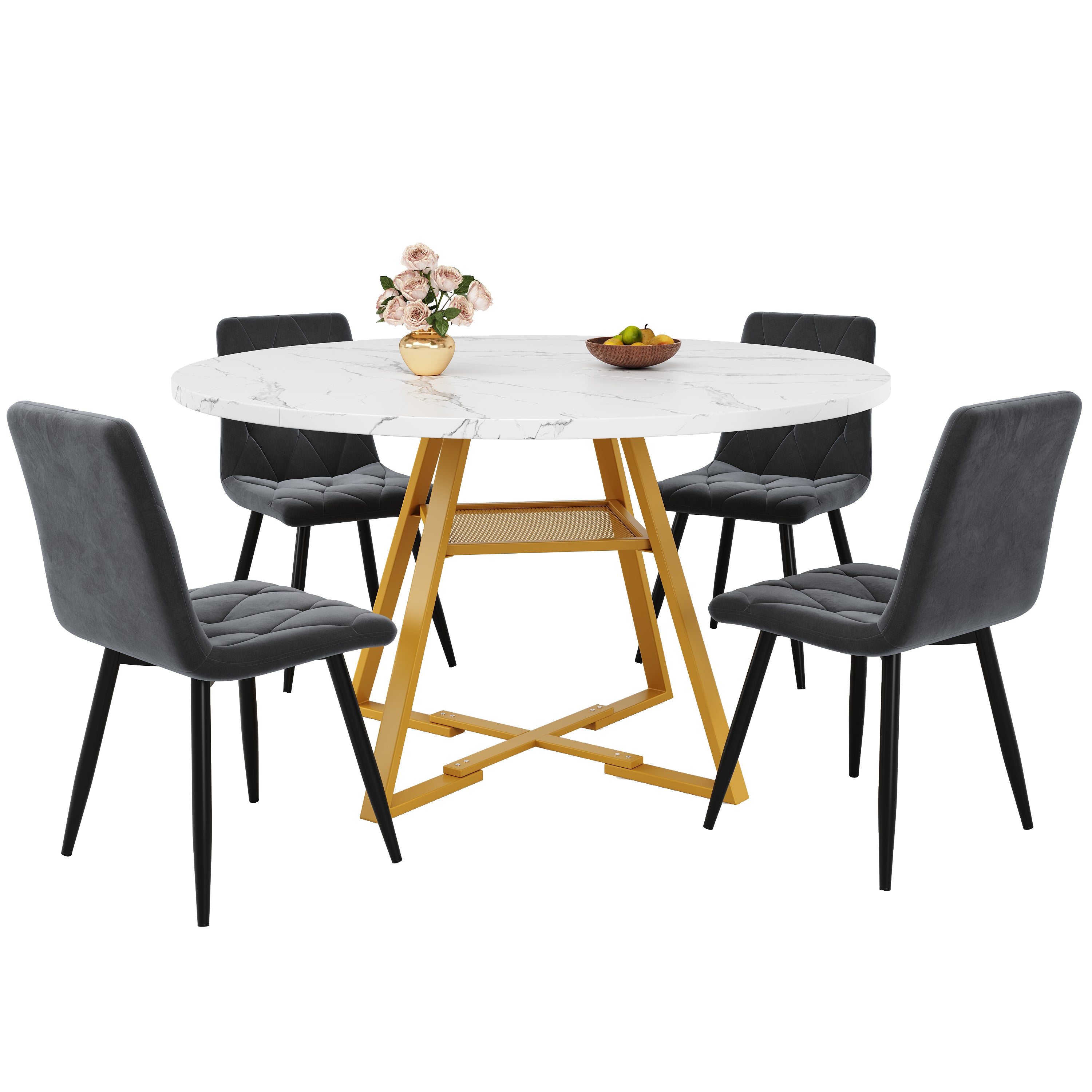 Round Dining Table, Marble Look with Metal Legs, Black/White