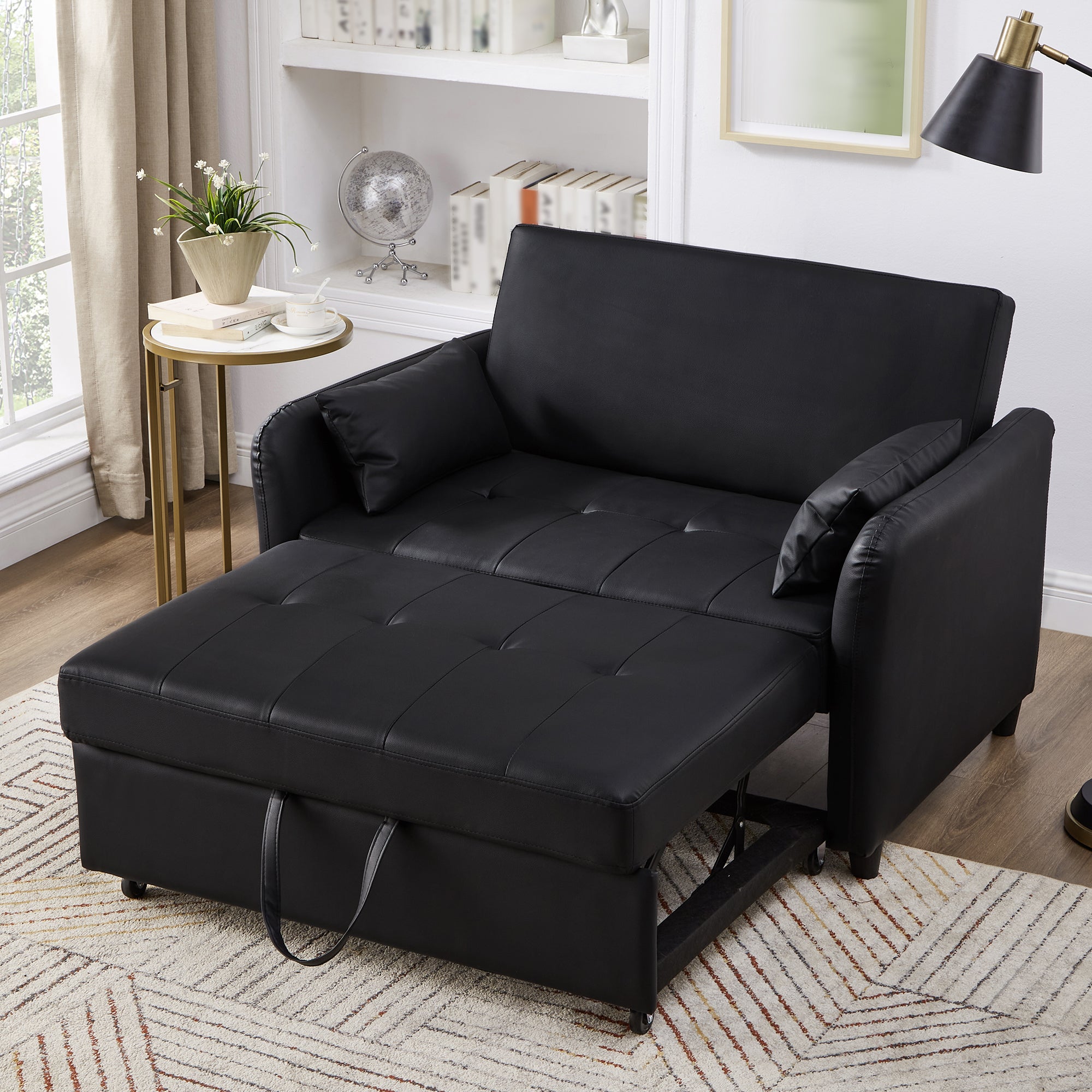 Multifunctional Sofa Bed Two-Seater Pull-Out, 3-Position Adjustable Backrest, Water-Repellent PU Material
