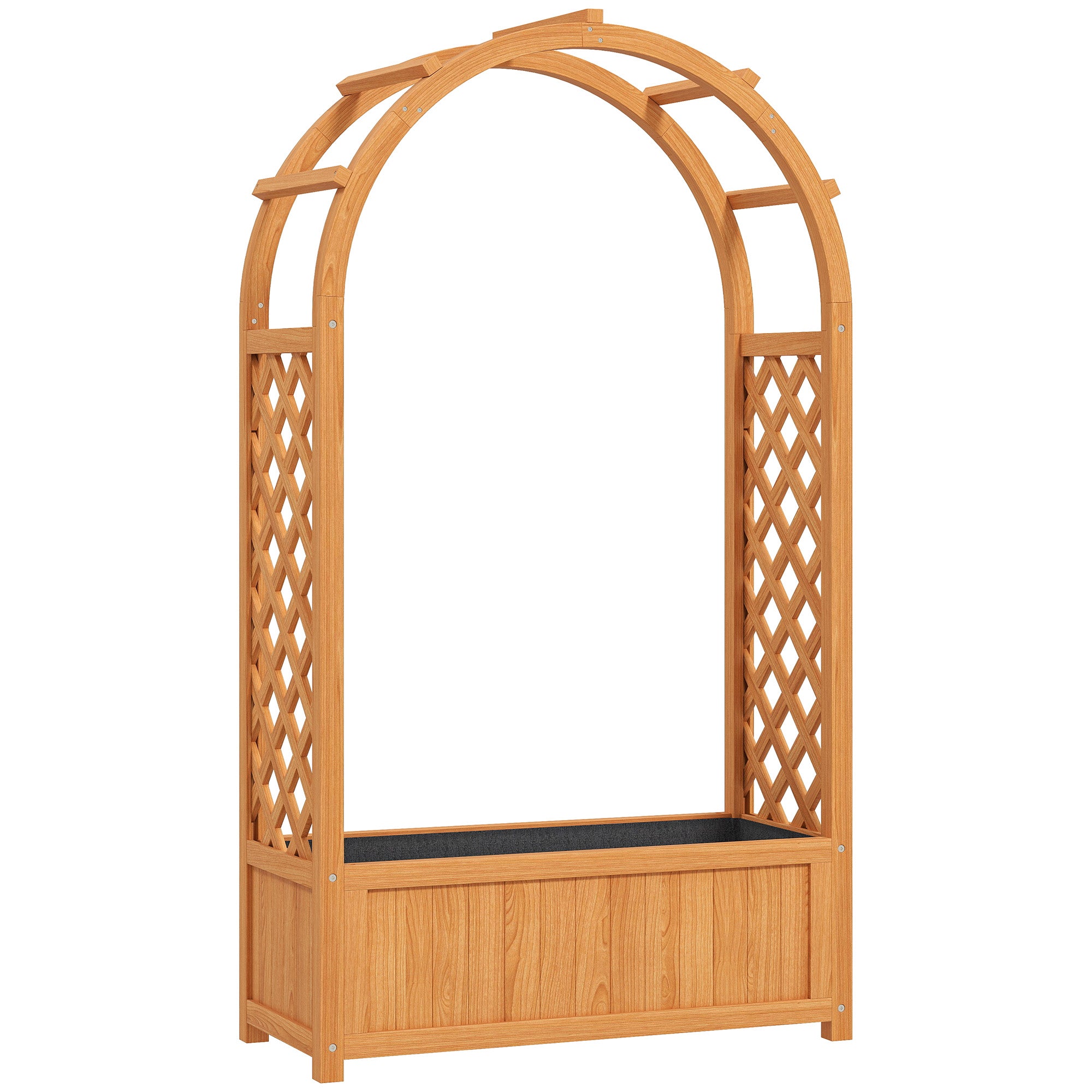 Wooden Raised Garden Bed with Trellis, Liner & Drainage for Climbing Plants, Brown Wood