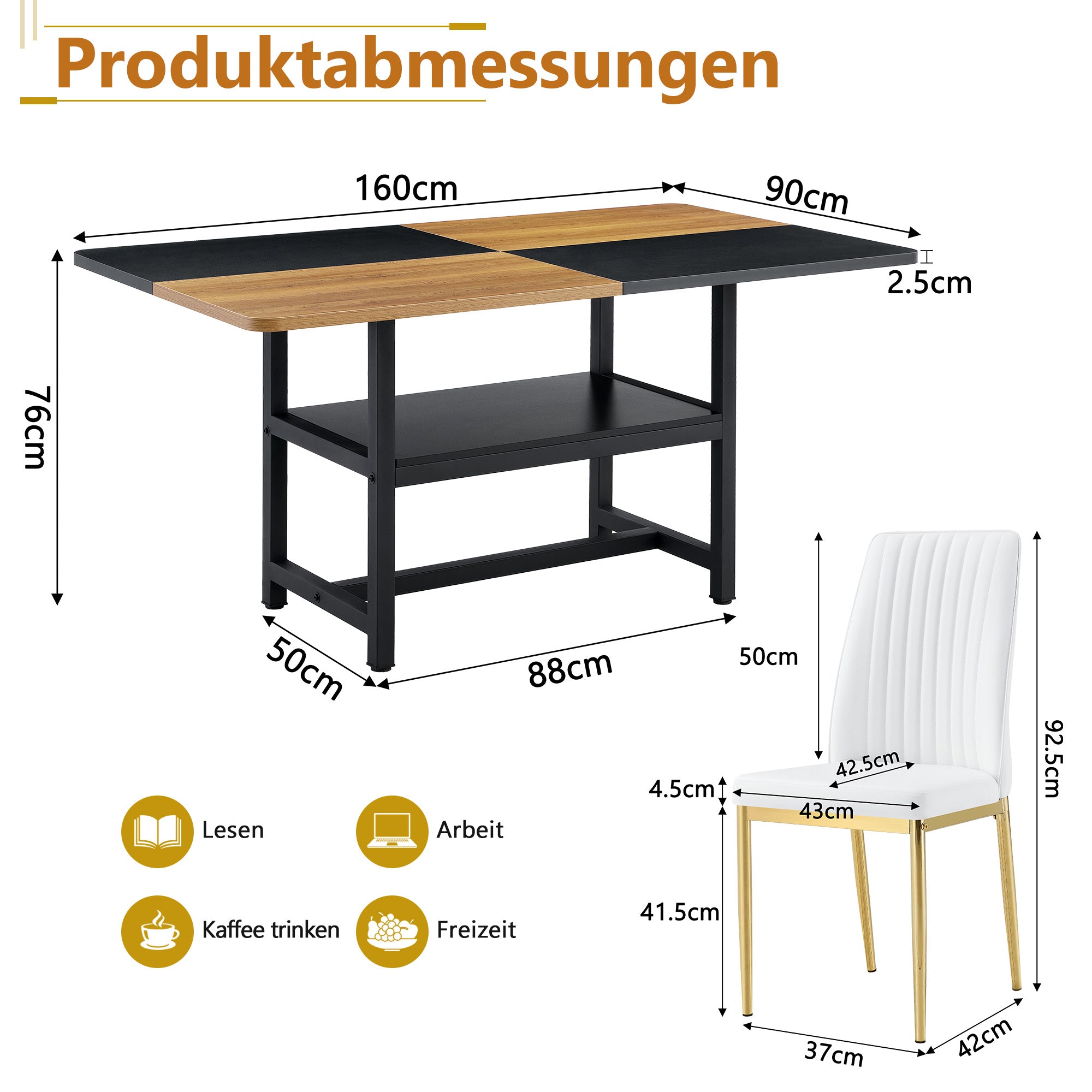 Table set with rectangular dining table, storage shelf, 4 armchairs, faux leather