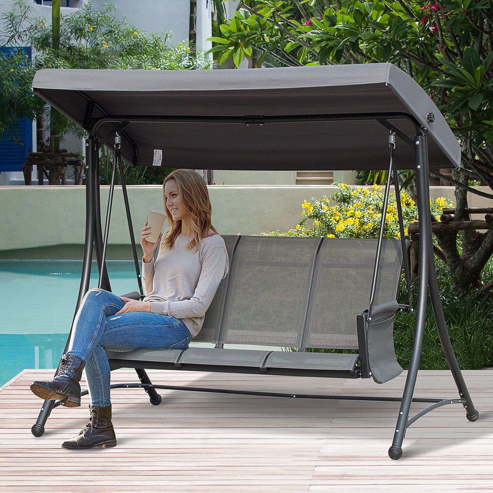 Hollywood Swing 3-Seater Garden Sunshade Storage Aluminum, Grey