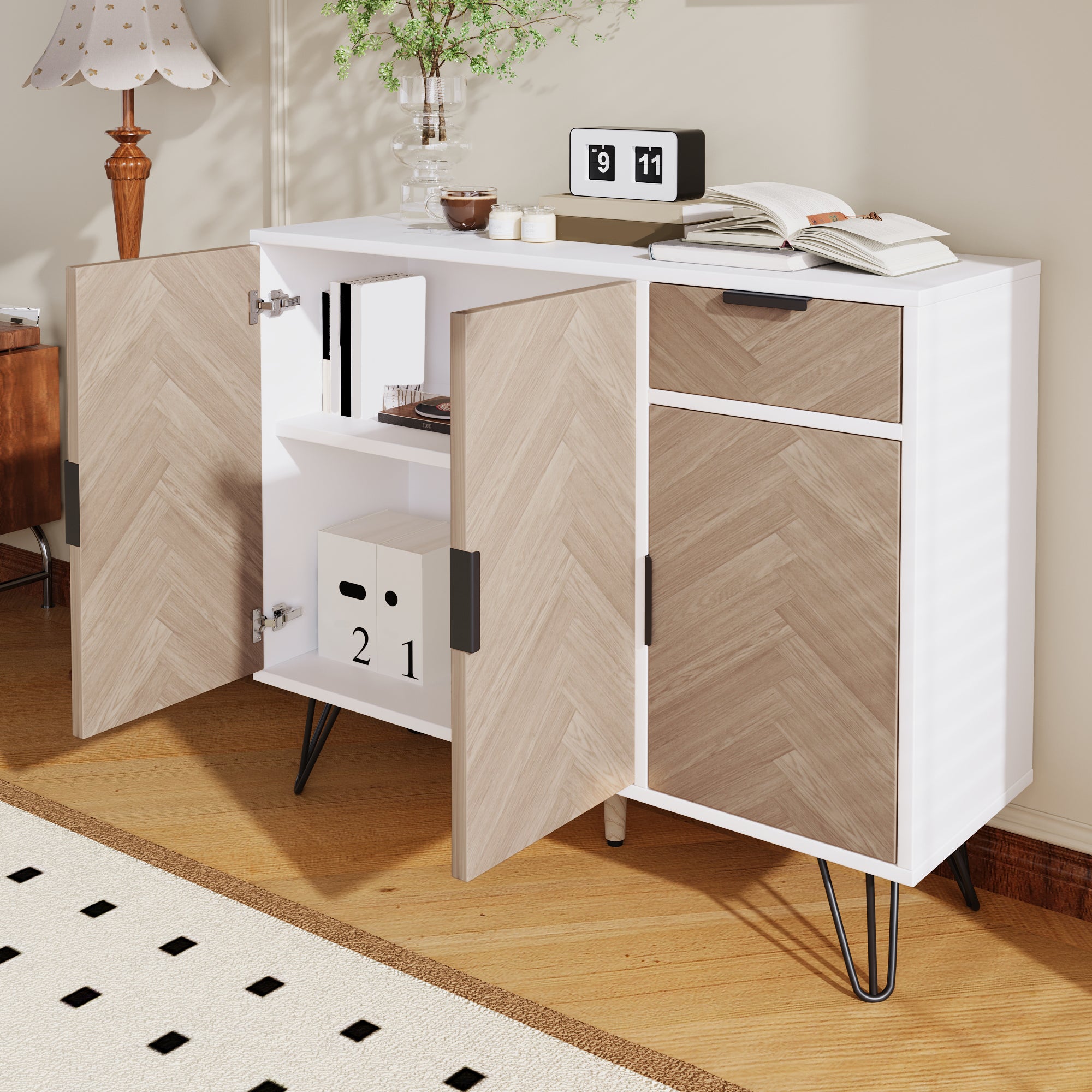 Modern storage cabinet, sideboard with drawer and adjustable shelves, white and wood look
