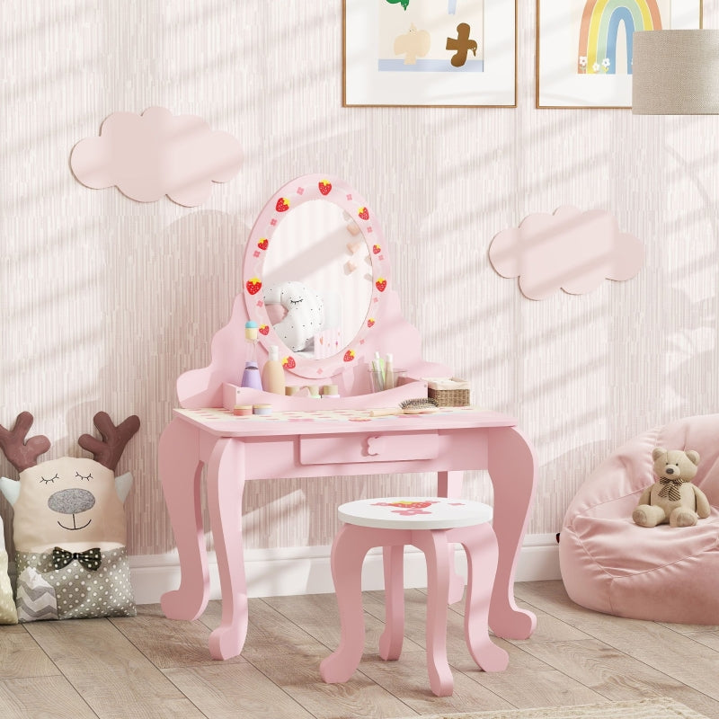 Kids Dressing Table Set Vanity Table with Stool Mirror Drawer Storage Pink