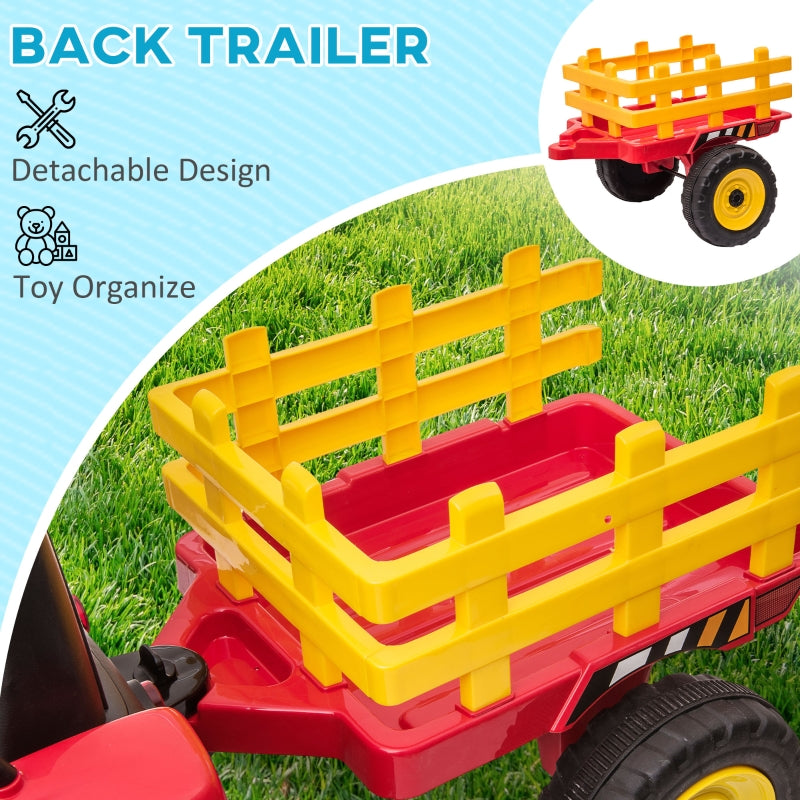 Ride On Tractor, Electric with Detachable Trailer, Remote Control, Music - Red