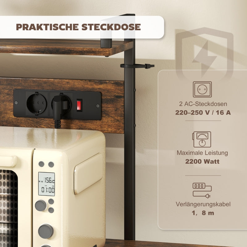 Kitchen Shelf Freestanding 5-Tier 2 Sockets 5 Hooks Basket - Steel