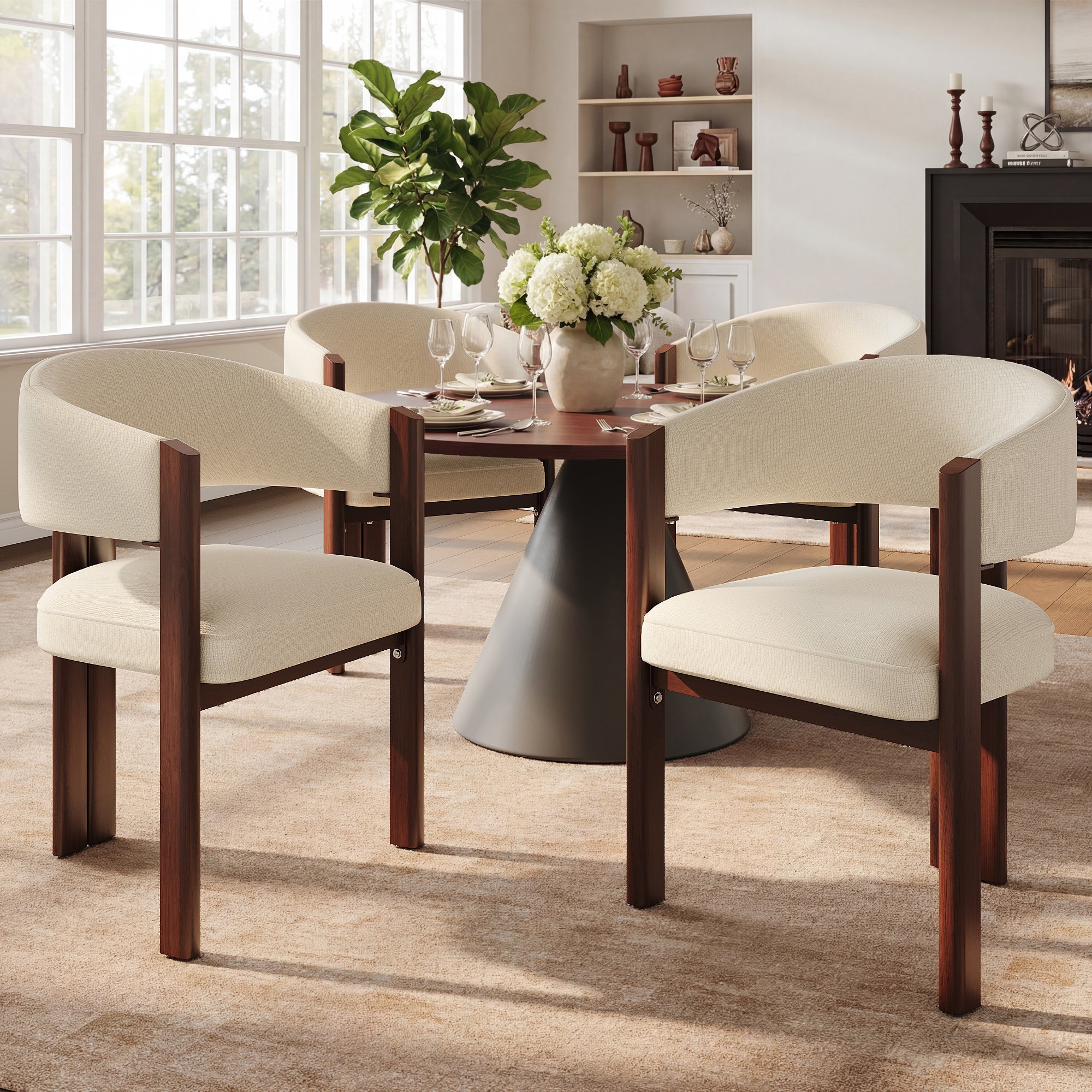 Ergonomic Dining Chairs Set of 4 with Thick Padding and Height-Adjustable Feet, Wood Look