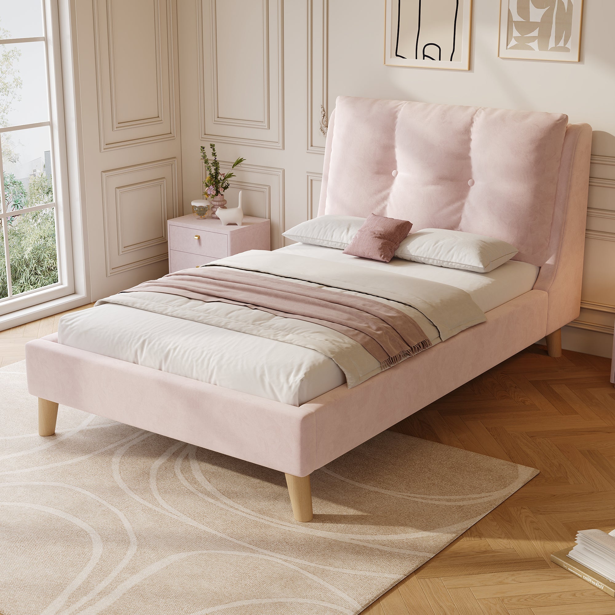 Upholstered Single Bed with Slatted Base and Headboard, 90 x 200cm, Pink Velvet