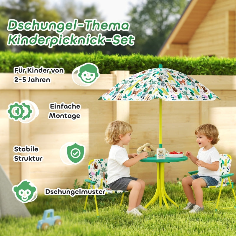 Children's Seating Set 4-piece with Removable Parasol and 2 Folding Chairs Green